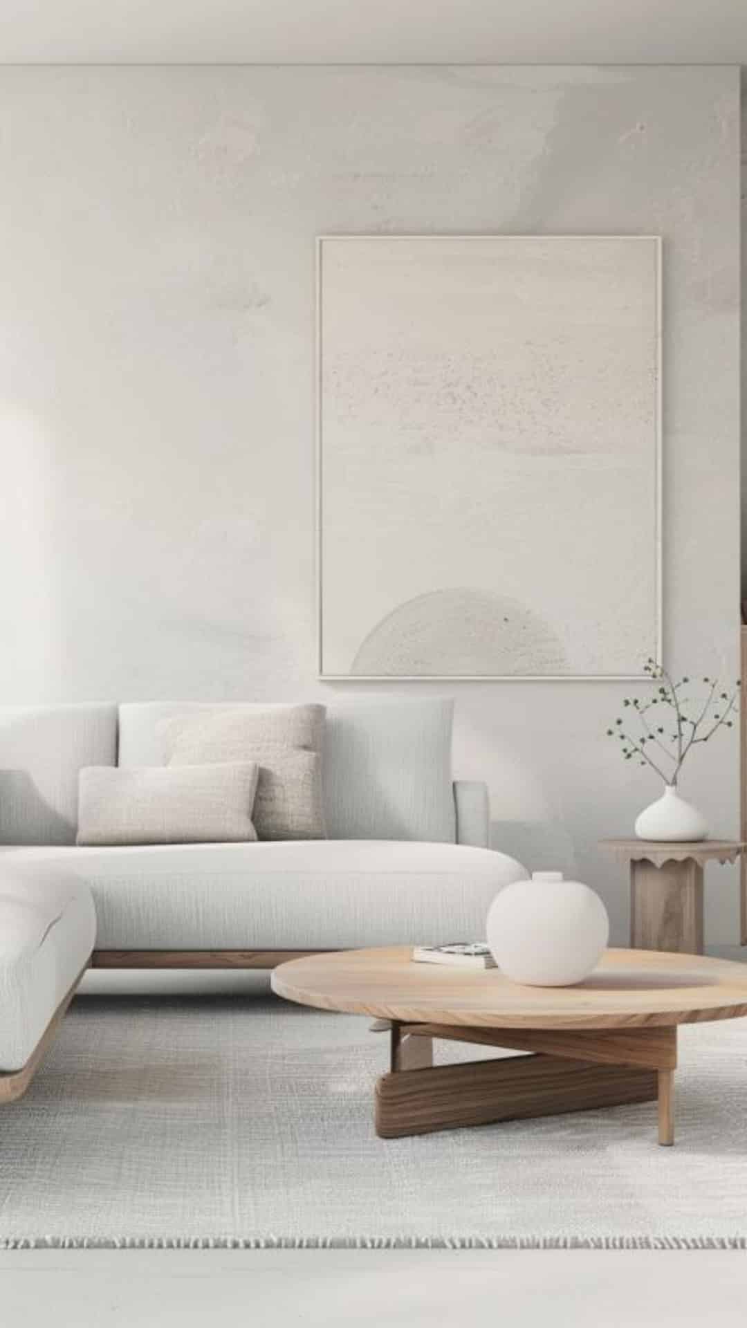 Einladendes Wohnzimmer mit hellgrauen Wänden, kombiniert mit weißen Möbeln und Pastelltönen. Perfekt für einen freundlichen Landhausstil.