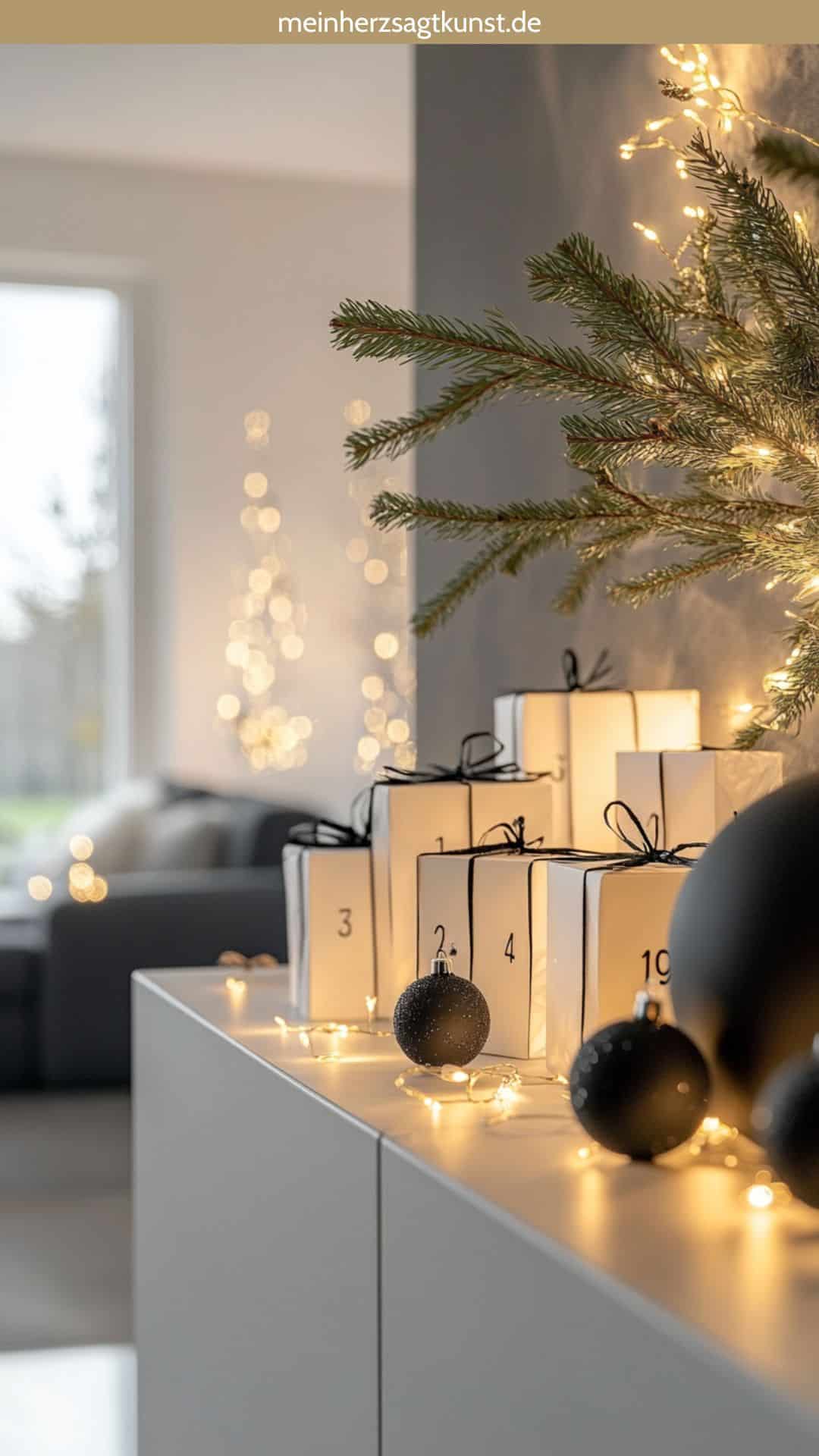 Adventskalender auf einem Sideboard dekoriert