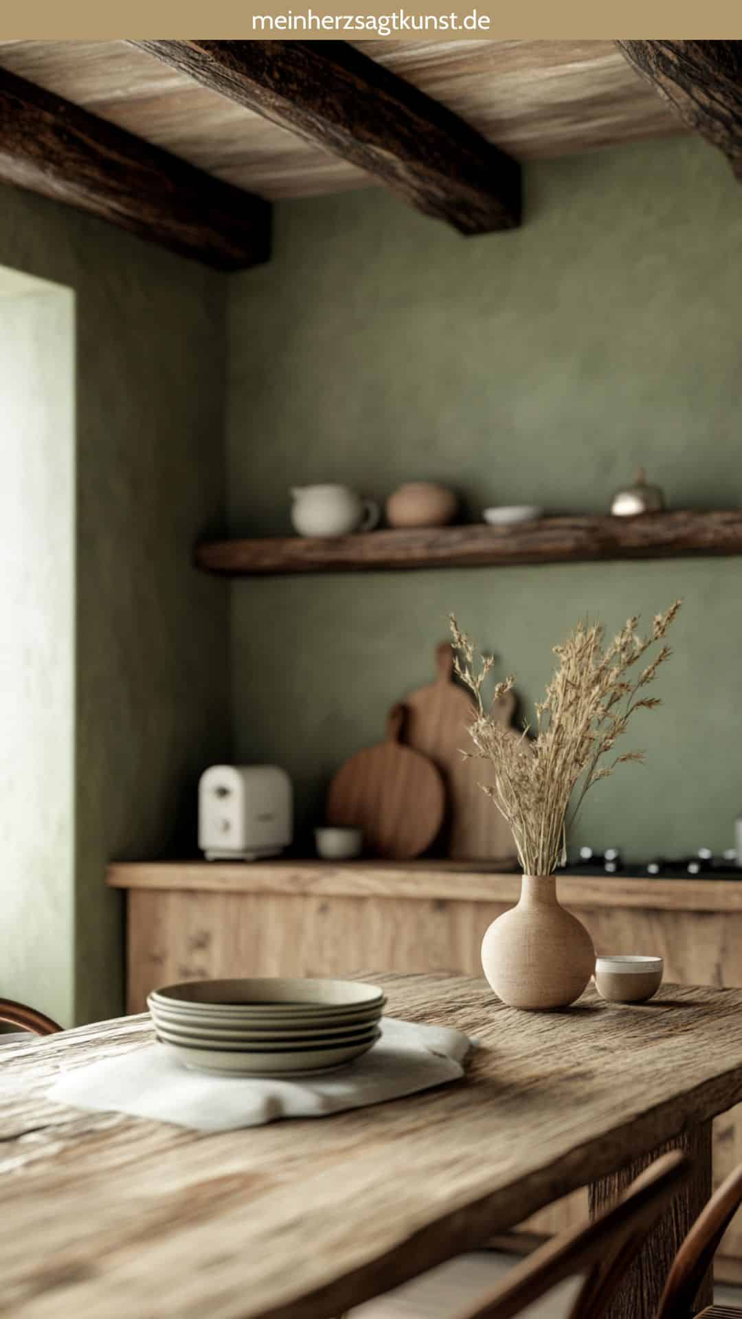 Landhausküche mit Holzbalken und grüner Wand