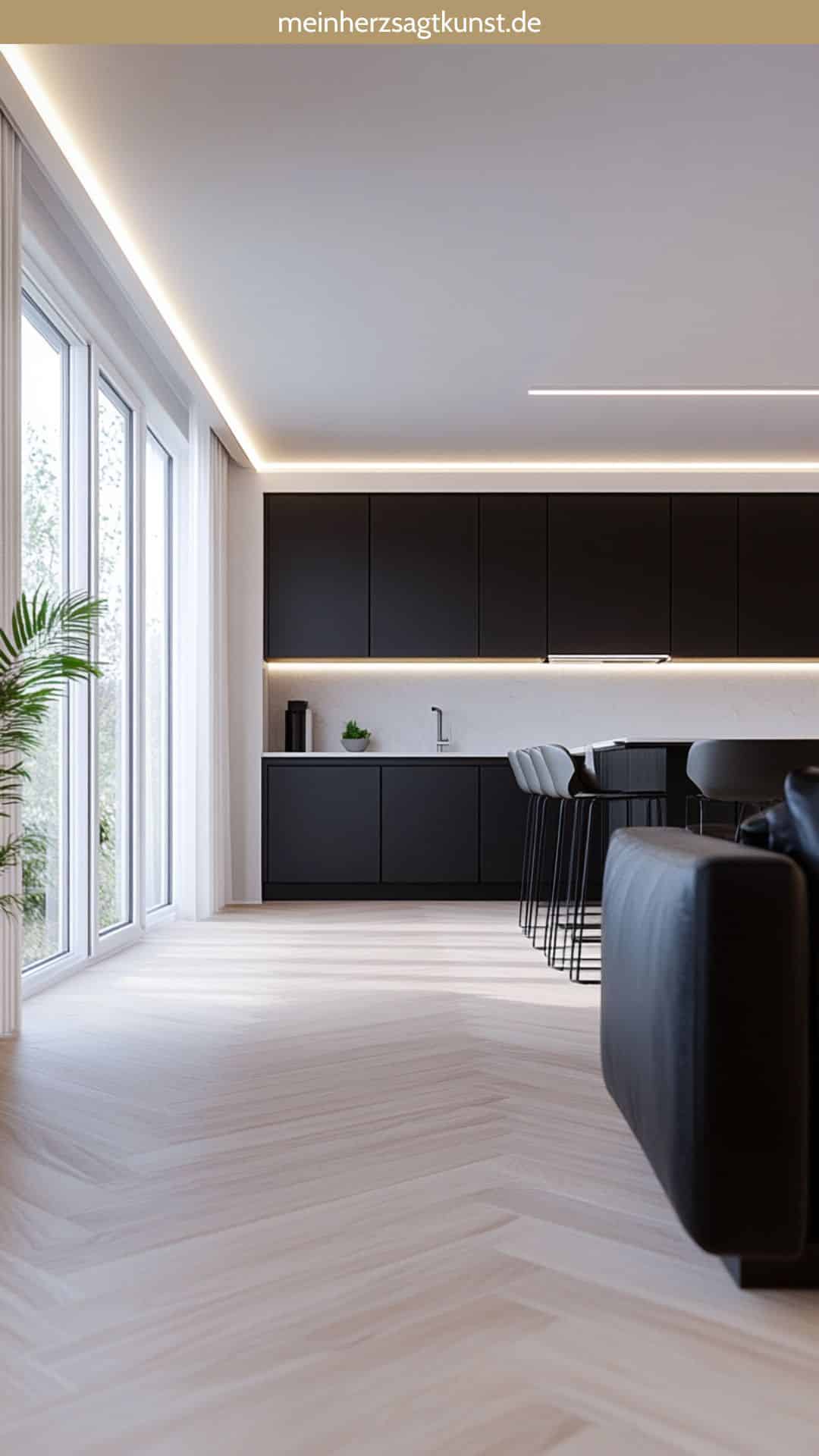 Großes Wohnzimmer mit hellem Boden und schwarzer Küche