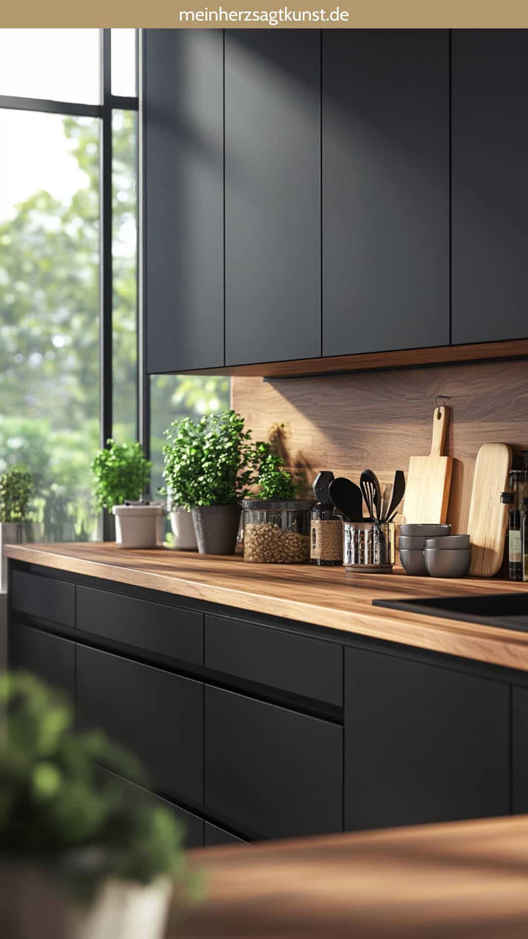 Matt schwarze Küche mit Holzarbeitsplatte
