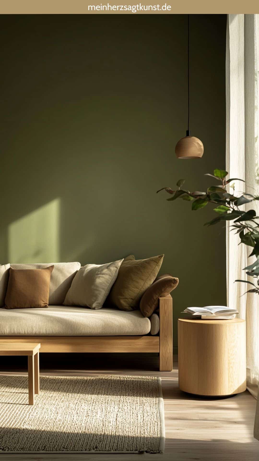Olivgrünes Wohnzimmer mit Akzentwand und hellen Möbeln