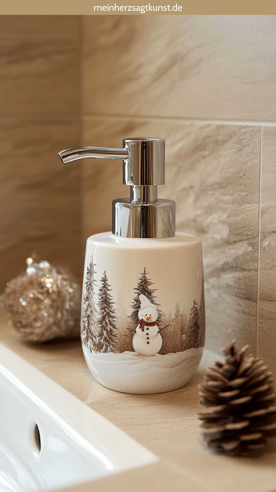 Seifenspender mit winterlichen Motiven im Badezimmer