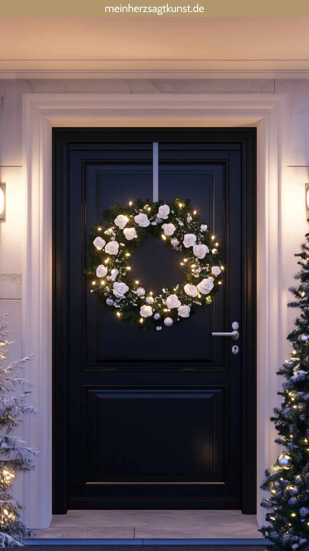 Türkranz aus Christrosen und Lichterkette für Weihnachten