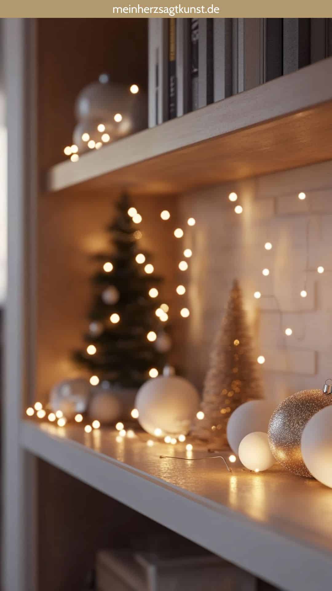 Weihnachtskugeln und Lichterketten im Regal kombiniert