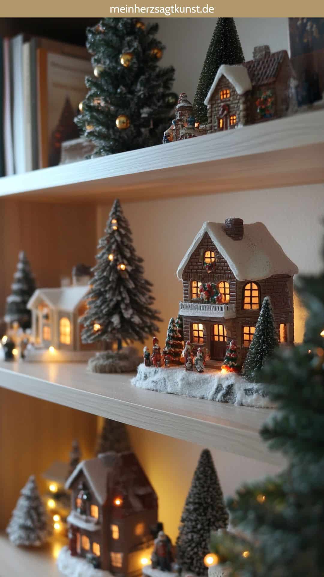 Weihnachtsdorf mit Figuren im Bücherregal als Deko