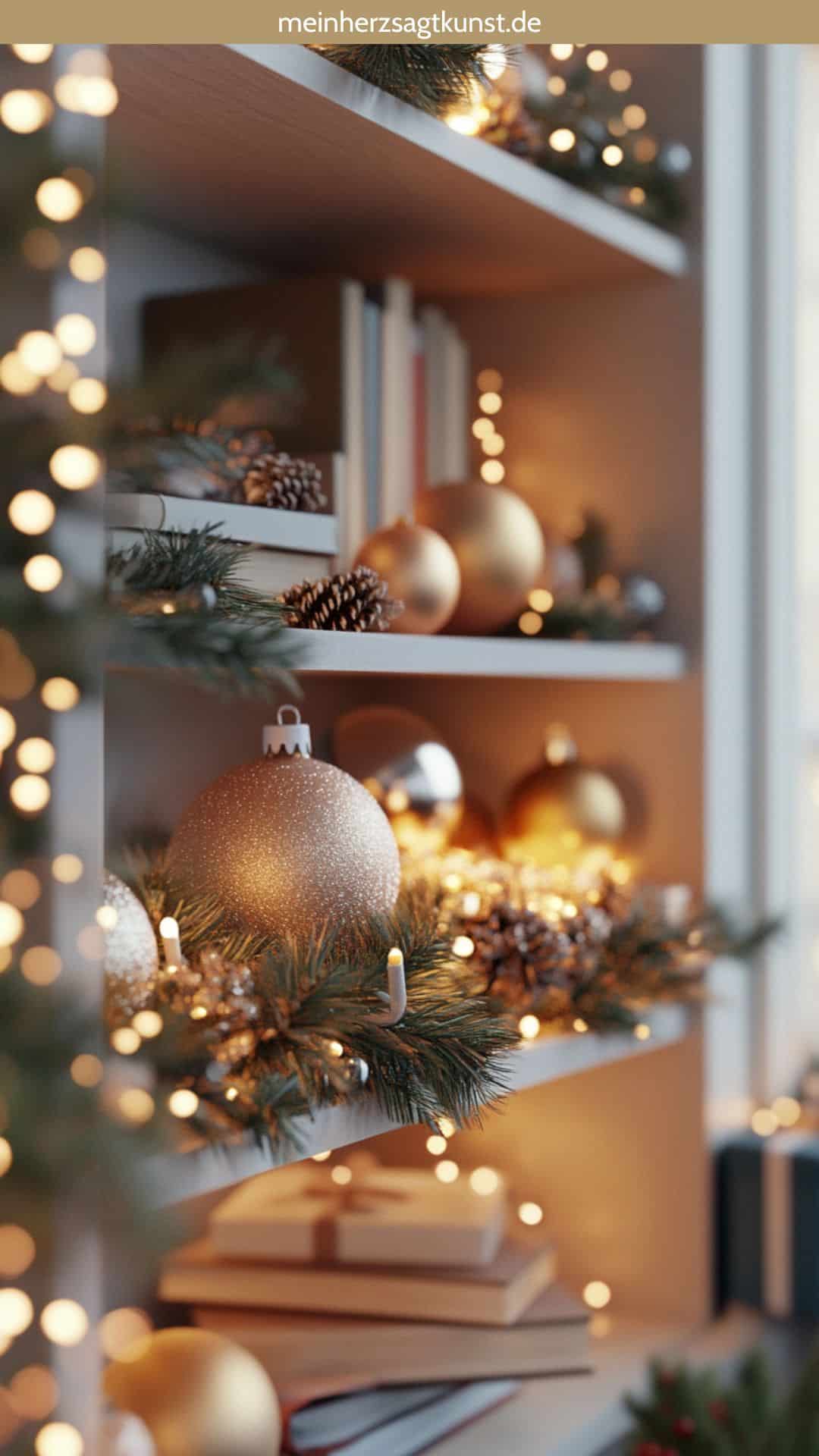 Weihnachtskugeln und Lichterketten im Regal – festliche Deko