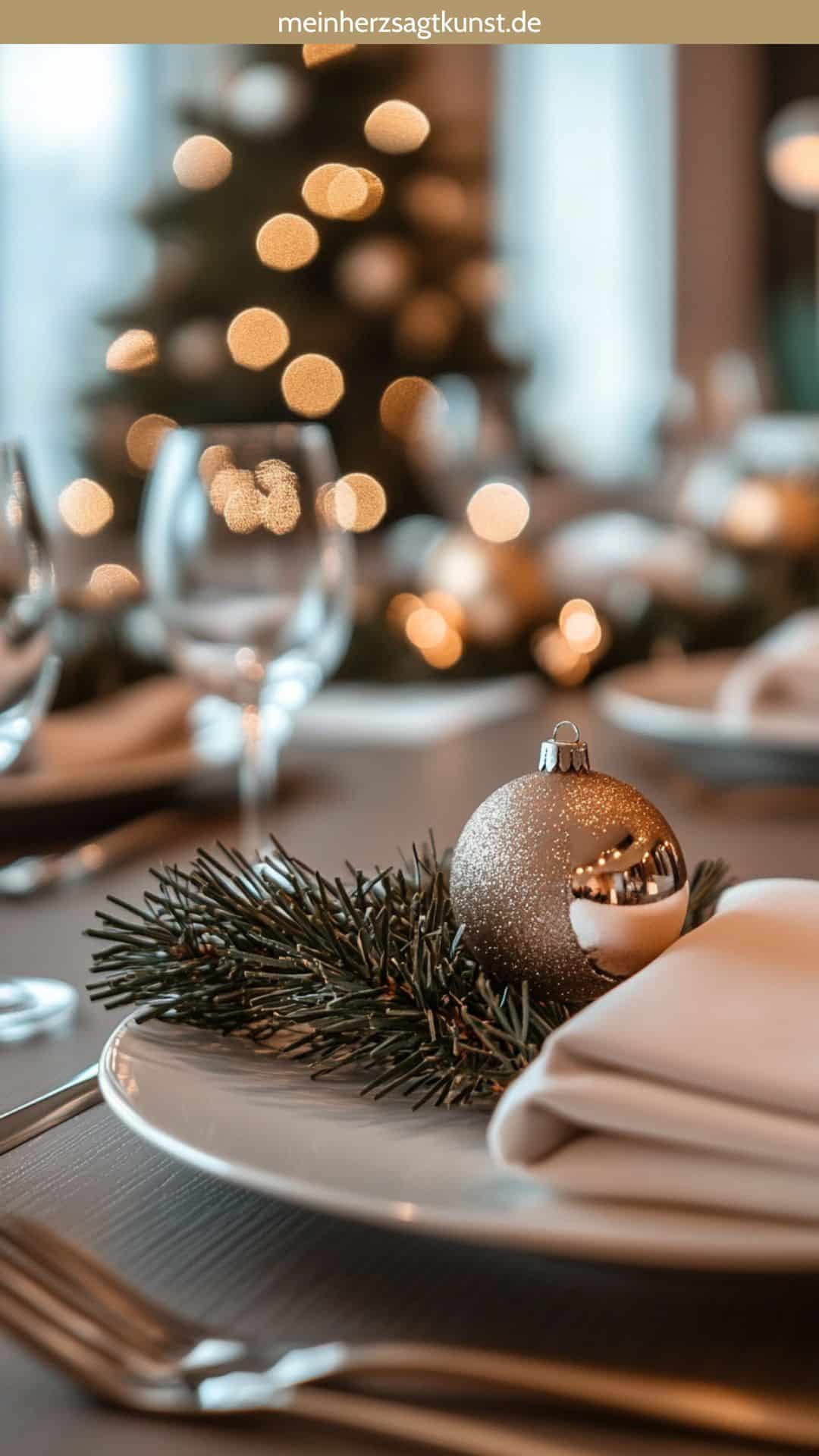 Weihnachtskugeln und Tannenzweige als edle Tischdeko