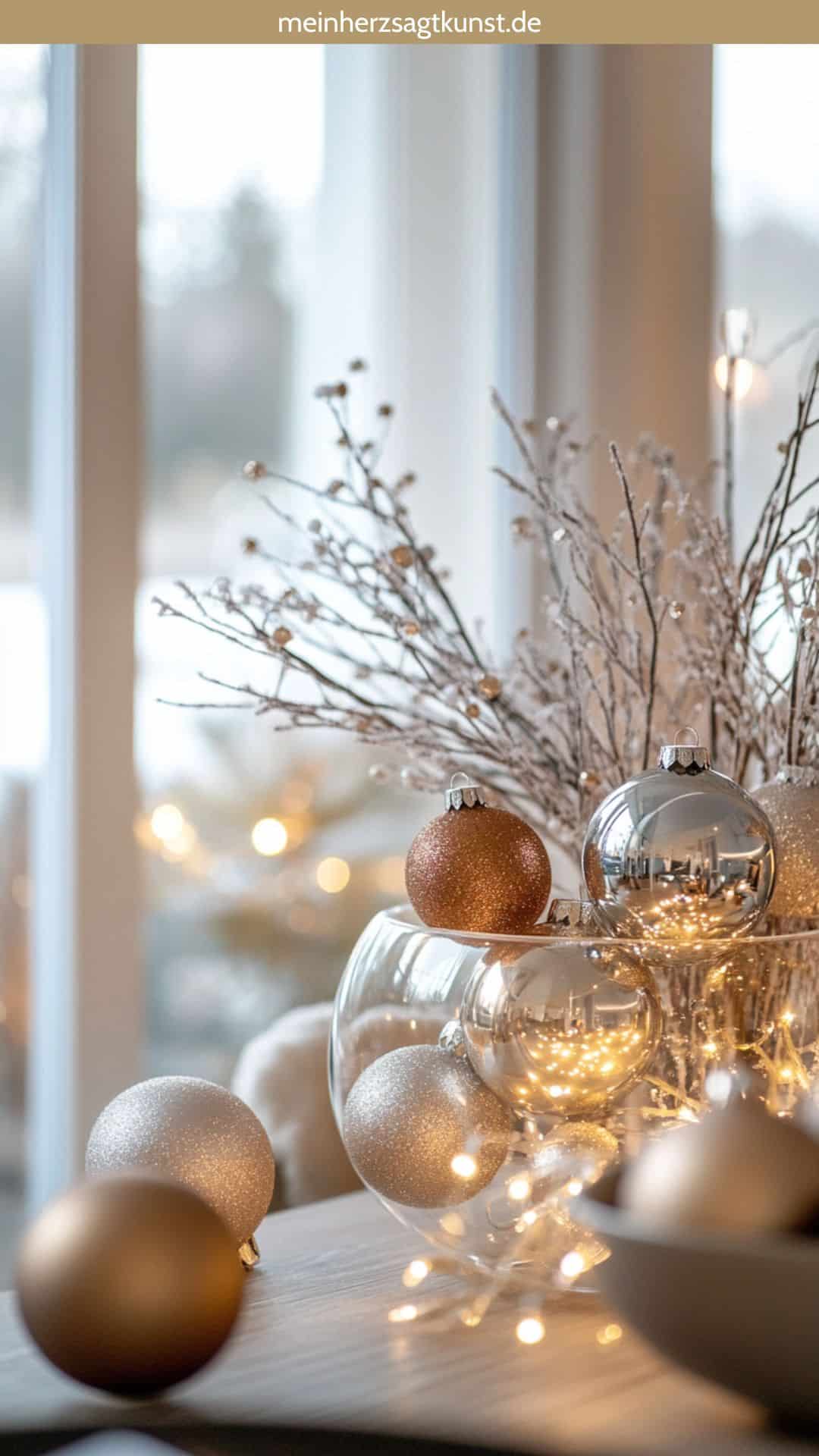 Weihnachtskugeln in einer Glasvase als Tischdekoration