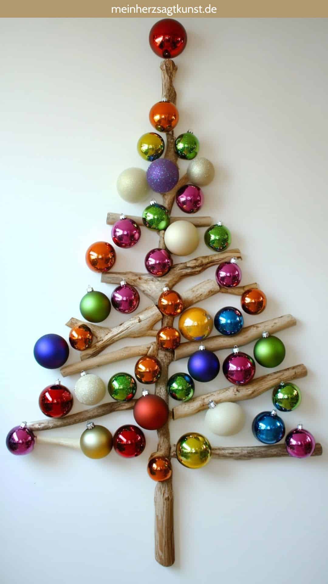 Weihnachtskugeln als Baumform an der Wand arrangiert