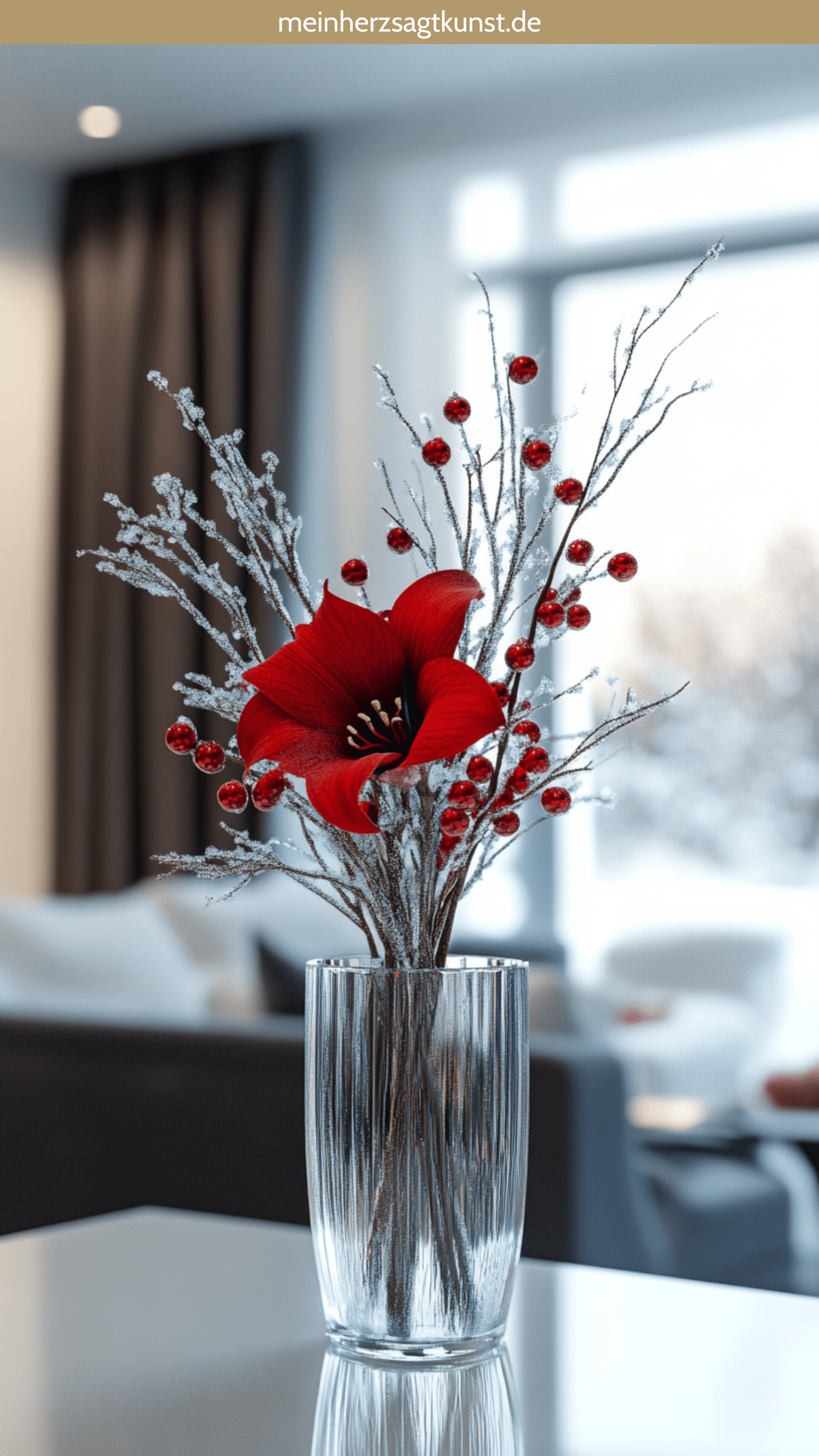 Amaryllis im Glas mit winterlichen Beerenzweigen