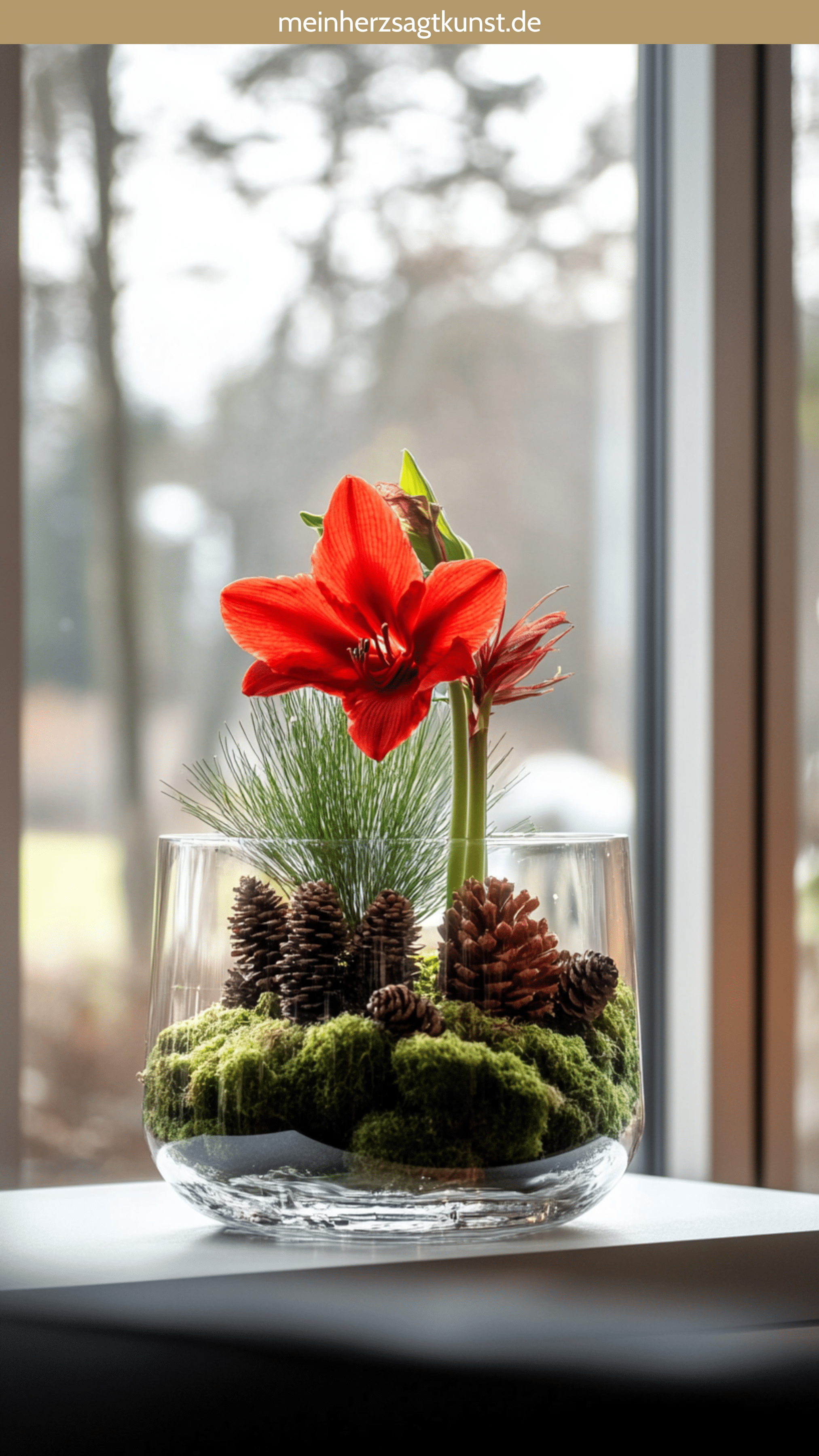Amaryllis im Glas auf Moos mit Tannenzapfen