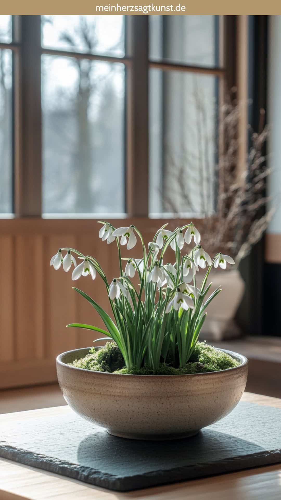 Minimalistische Schneeglöckchen in japanischen Keramikschalen