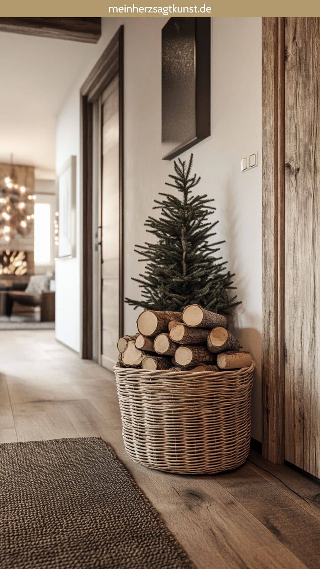Rustikaler Korb mit Holzscheiten im Flur