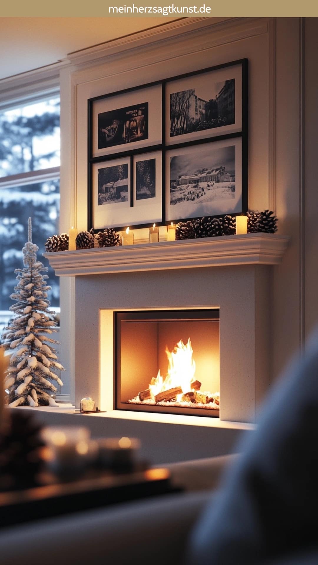 Kaminkonsole dekorieren mit Bilderrahmen und Wintermotiven