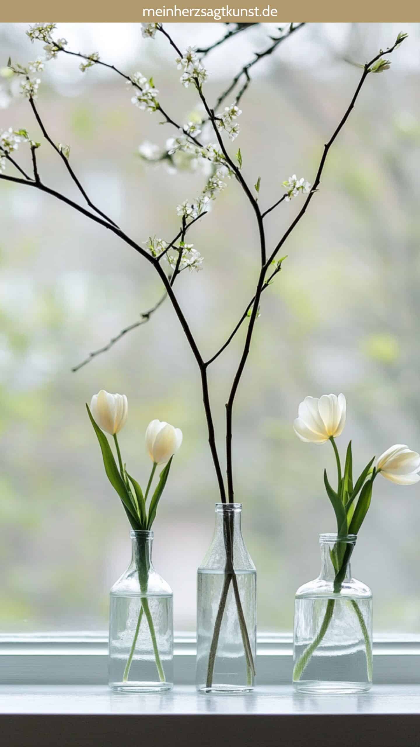 Drei Glasvasen auf Fensterbank mit Tulpen und Birkenzweigen vor Frühlingshintergrund