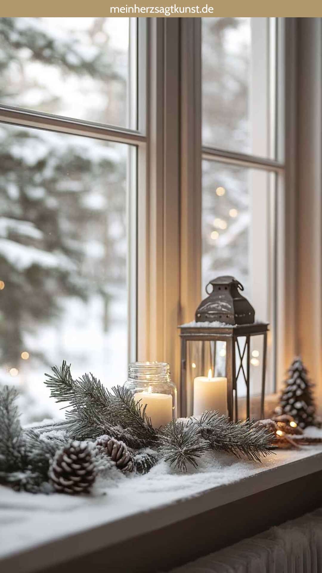 Tannenzweige und Lichterketten als Fensterdeko Winterdeko Wohnzimmer