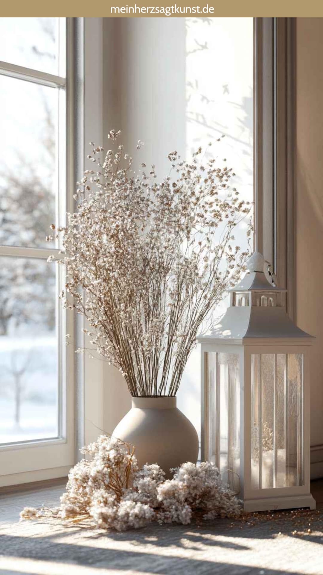 Laterne dekorieren mit getrockneten Blumen und Kunstschnee