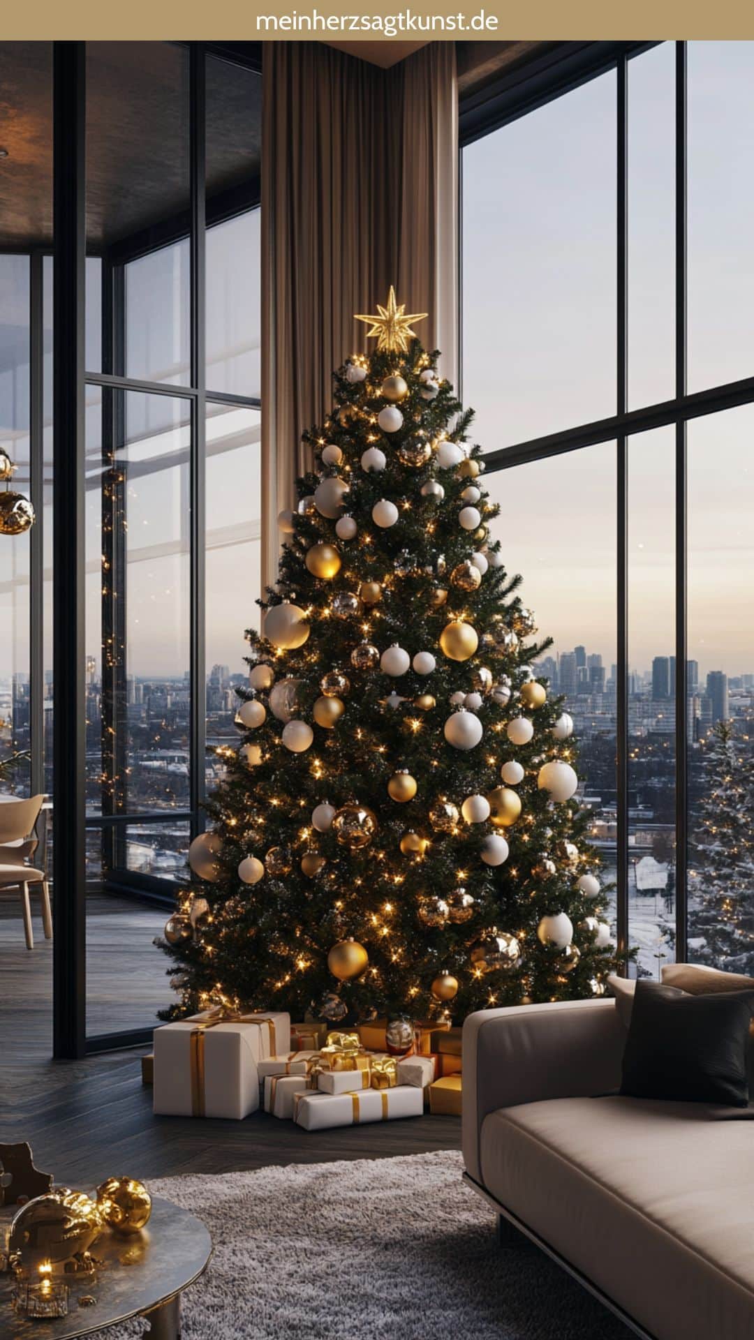 Goldener Weihnachtsbaum mit funkelnden Kugeln und Lichtern