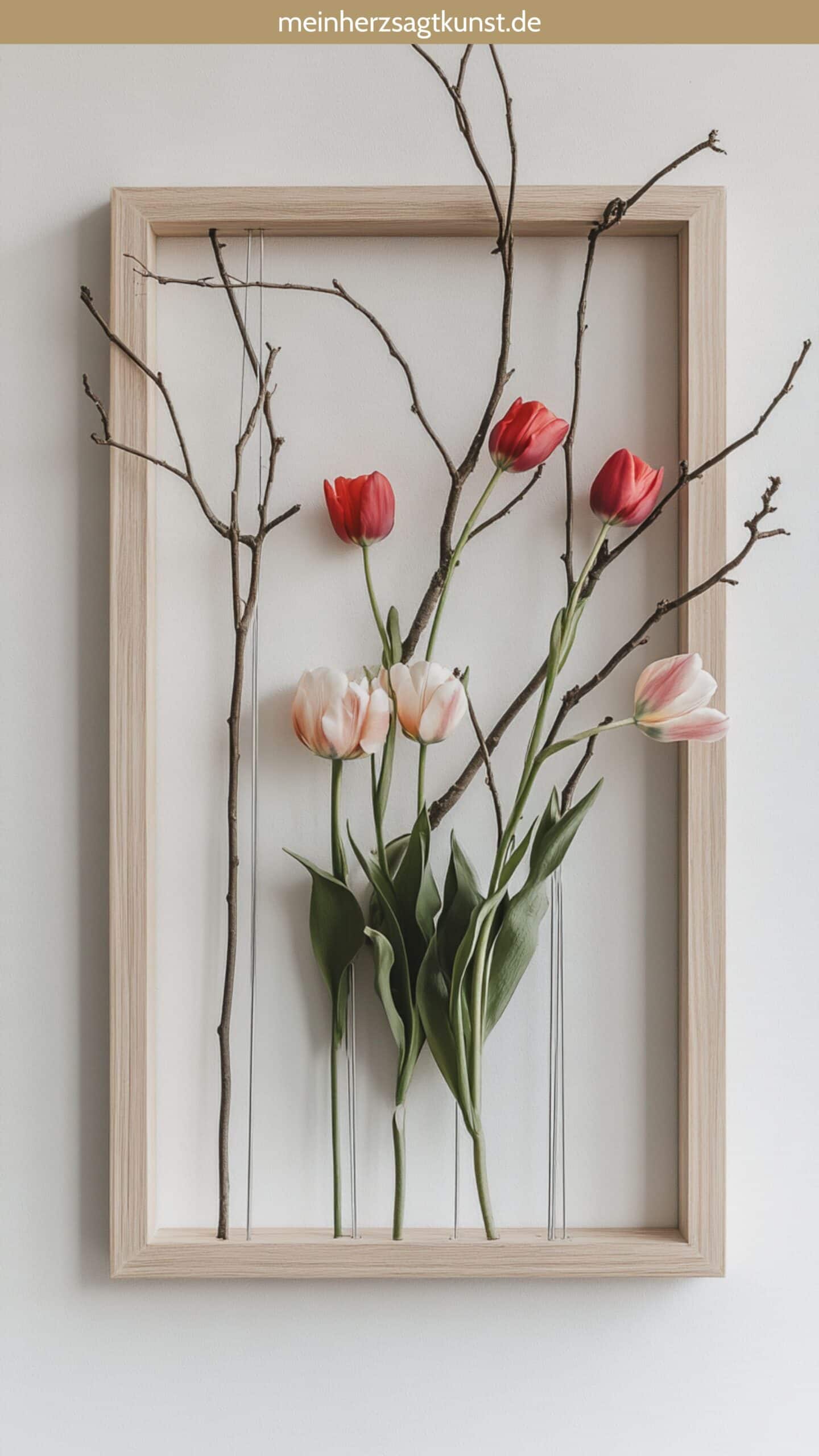 Holzrahmen mit gespannten Drähten, daran befestigte schwebende Tulpen und Zweige