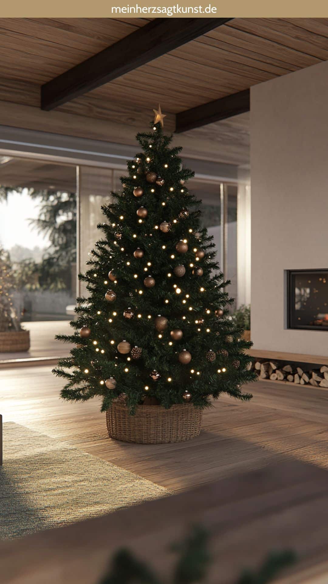 Weihnachtsbaum mit blauen und silbernen Kugeln und Schneeeffekt