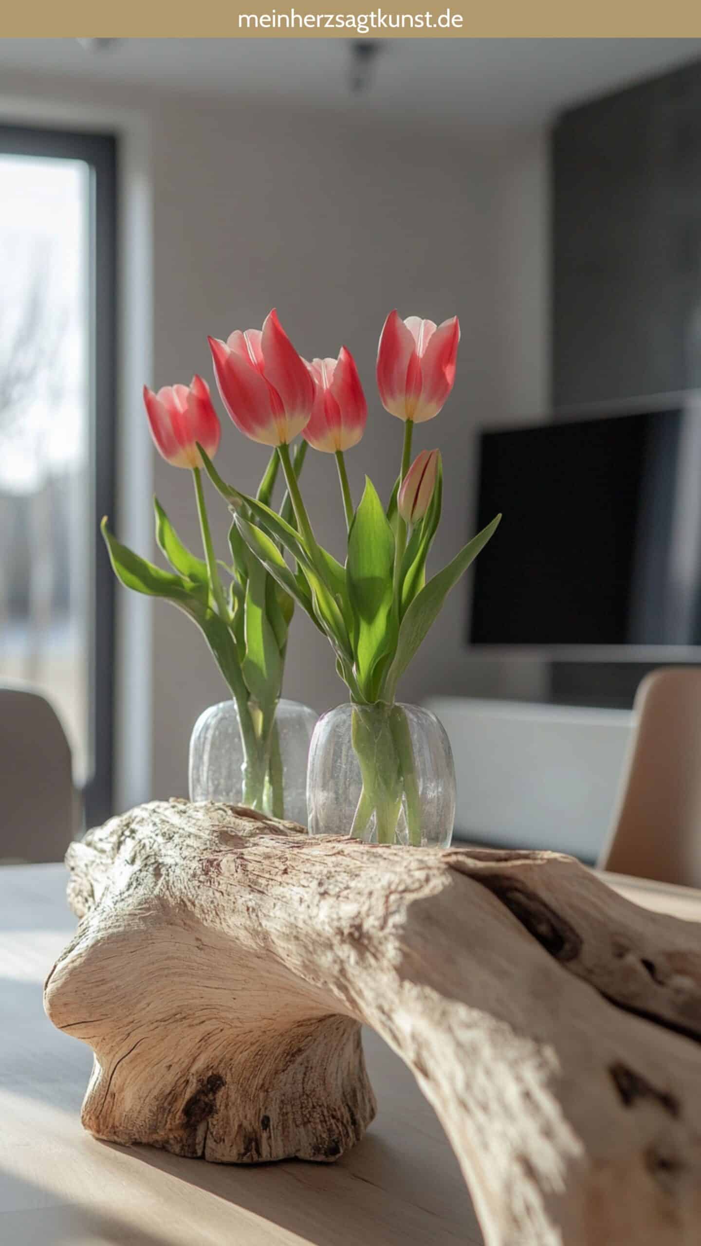 Naturbelassenes Treibholz auf Tisch mit zwei Glasvasen und Tulpenarrangements