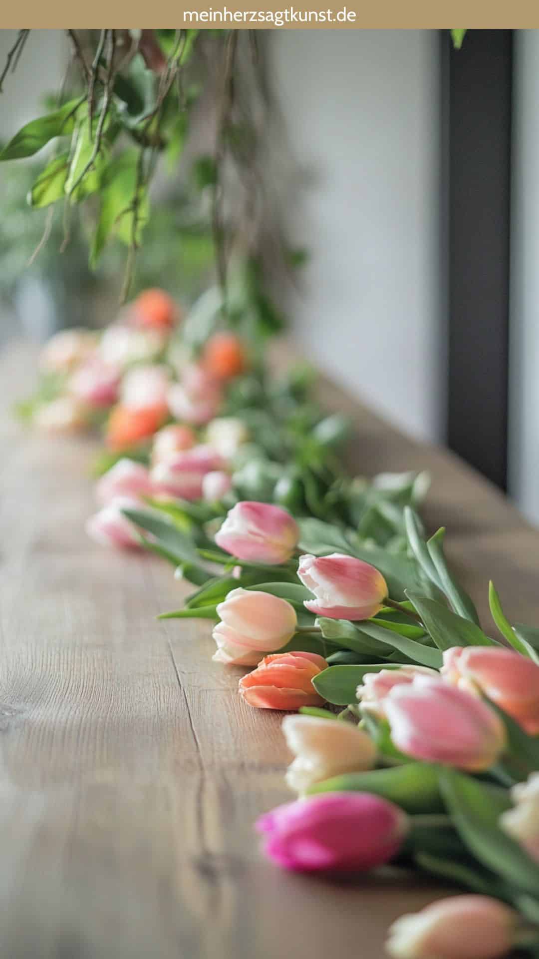 Girlande mit Tulpen und Ranken als Tischdeko