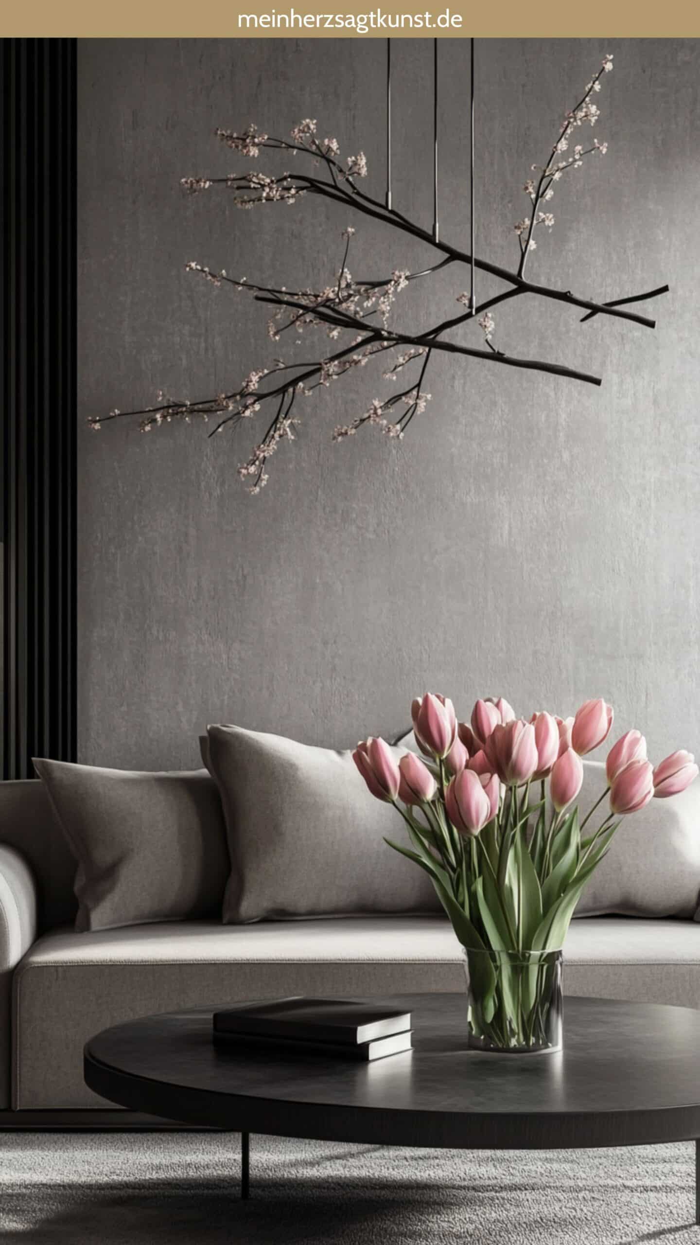 Bauchige Vase mit Tulpenstrauß auf Tisch, darüber Mobile aus geschwungenen Ästen