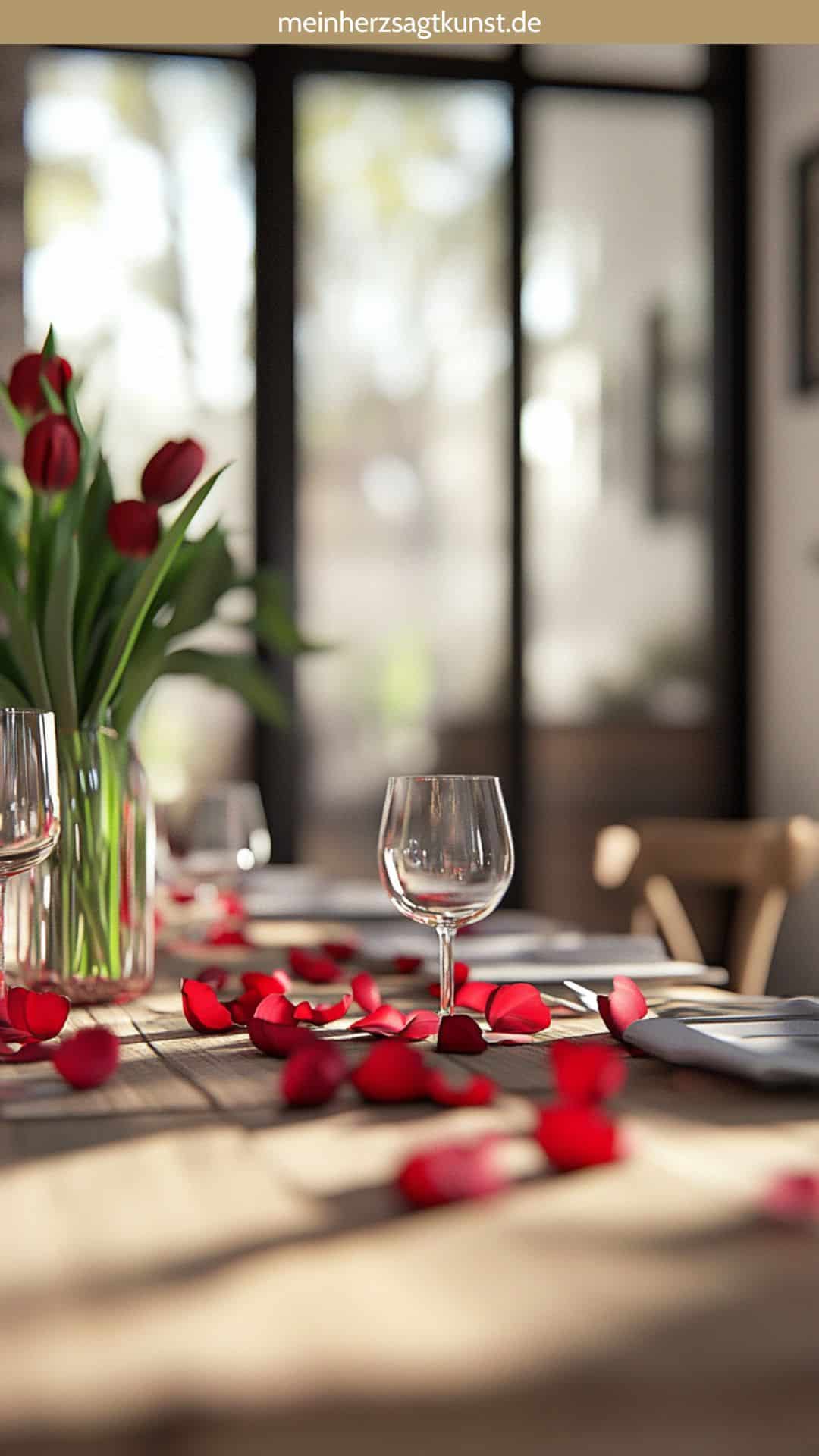 Verstreute Tulpenblätter als Tischdeko auf einer gedeckten Tafel