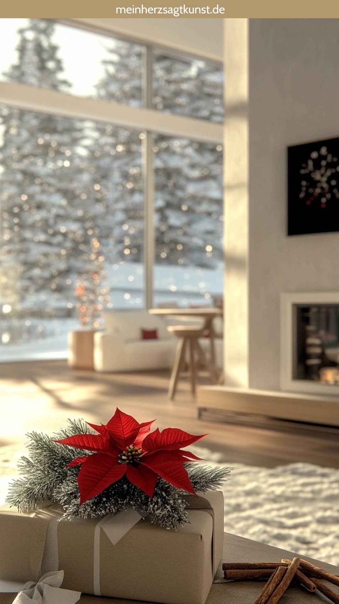 Geschenk mit Weihnachtsstern und Schleife verpackt Blumendeko