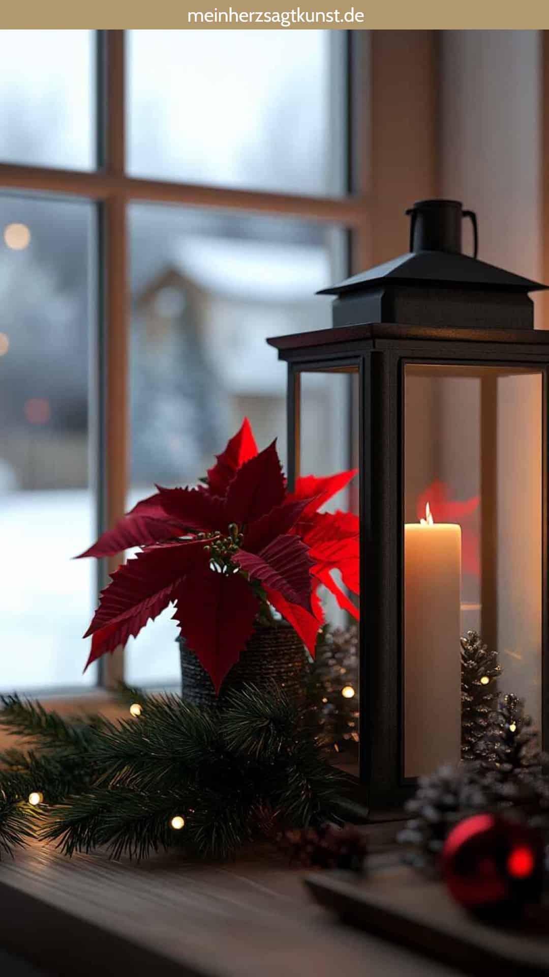 Laterne dekorieren mit Weihnachtsstern und Tannenzweigen