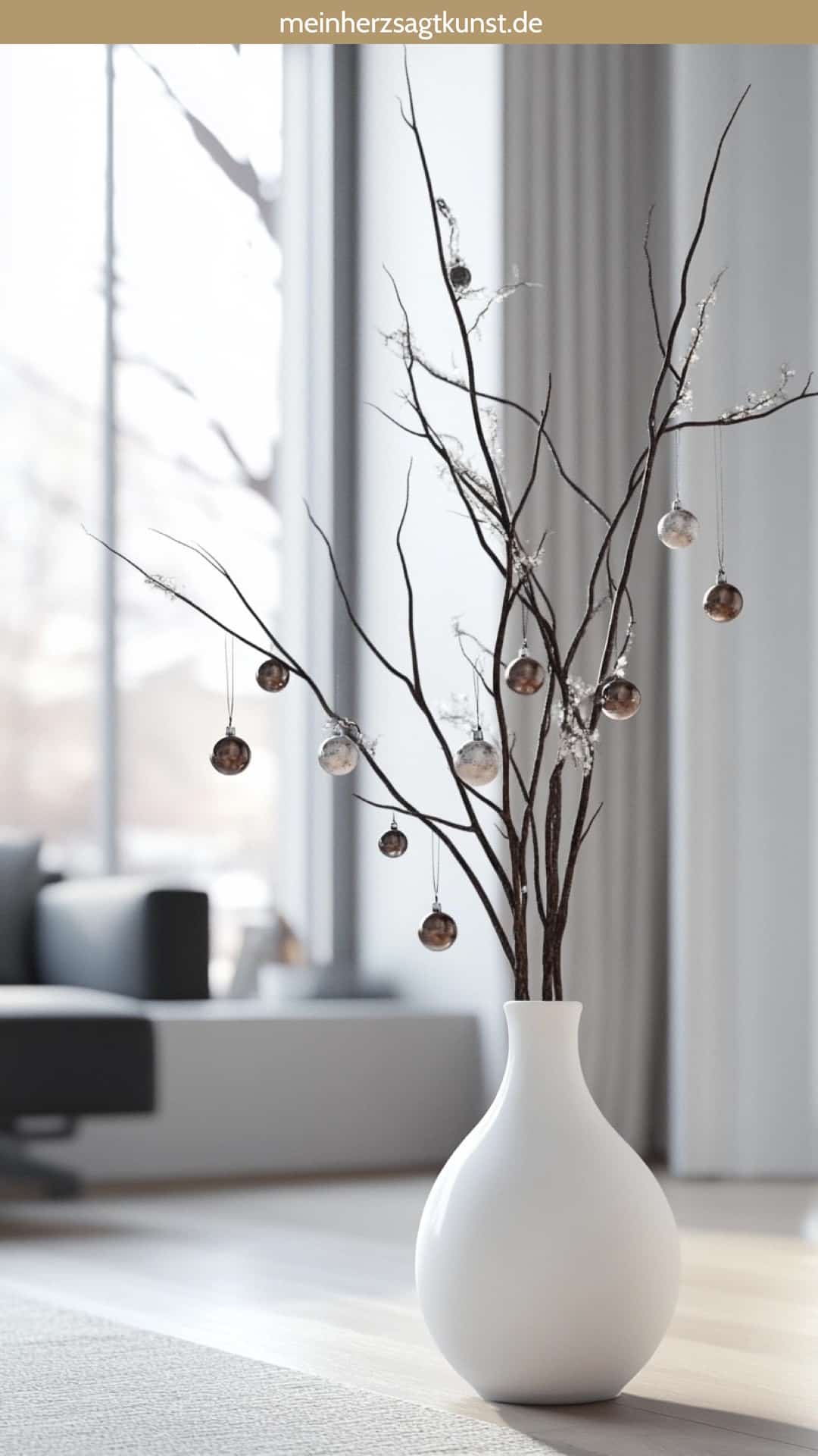 Bodenvase dekorieren mit Zweigen und kleinen Glocken