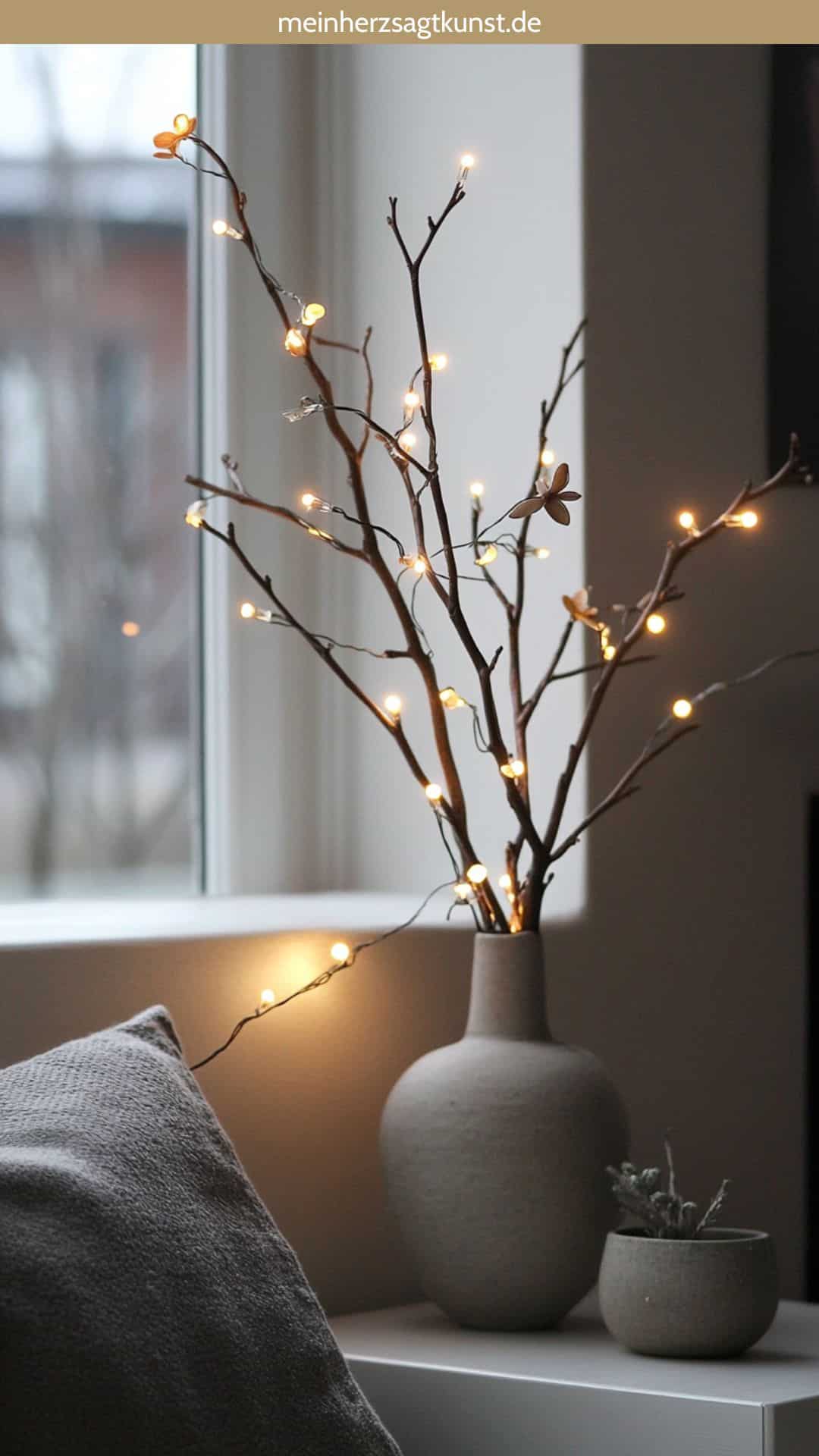 Beleuchteter Ast mit Lichterketten und Blüten als Deko