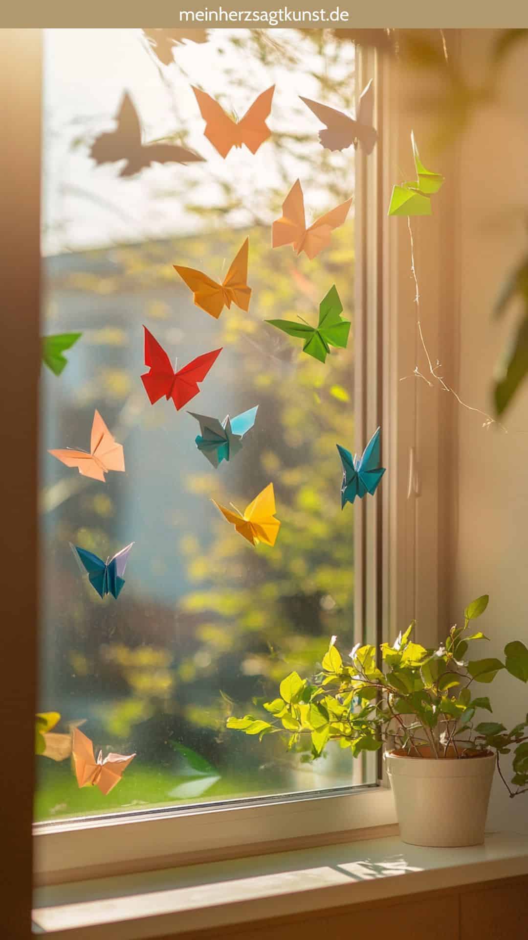 Bunte Origami-Schmetterlinge am Fenster dekoriert