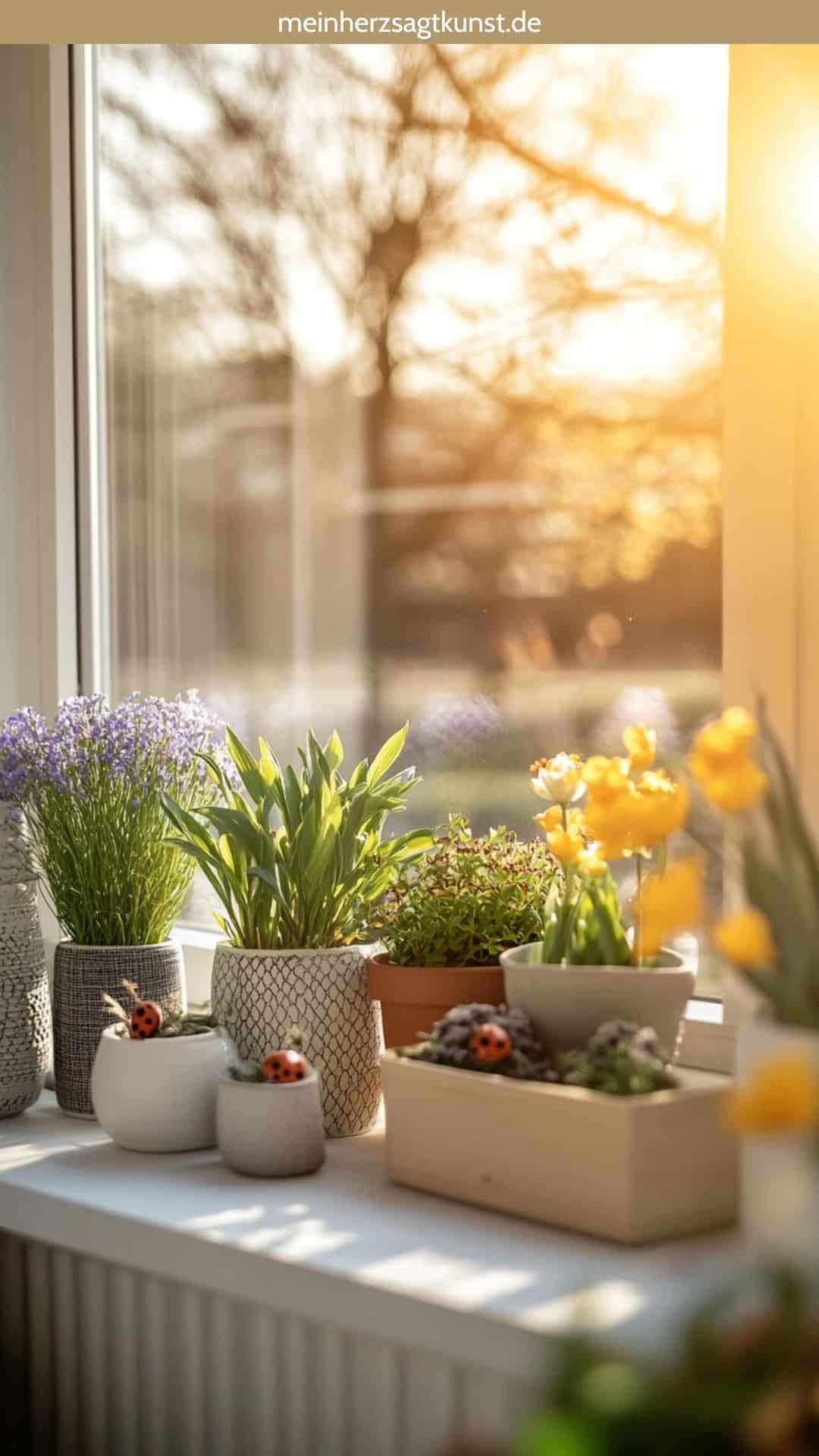 Fensterbank-Garten mit Kräutern und Blumen dekoriert