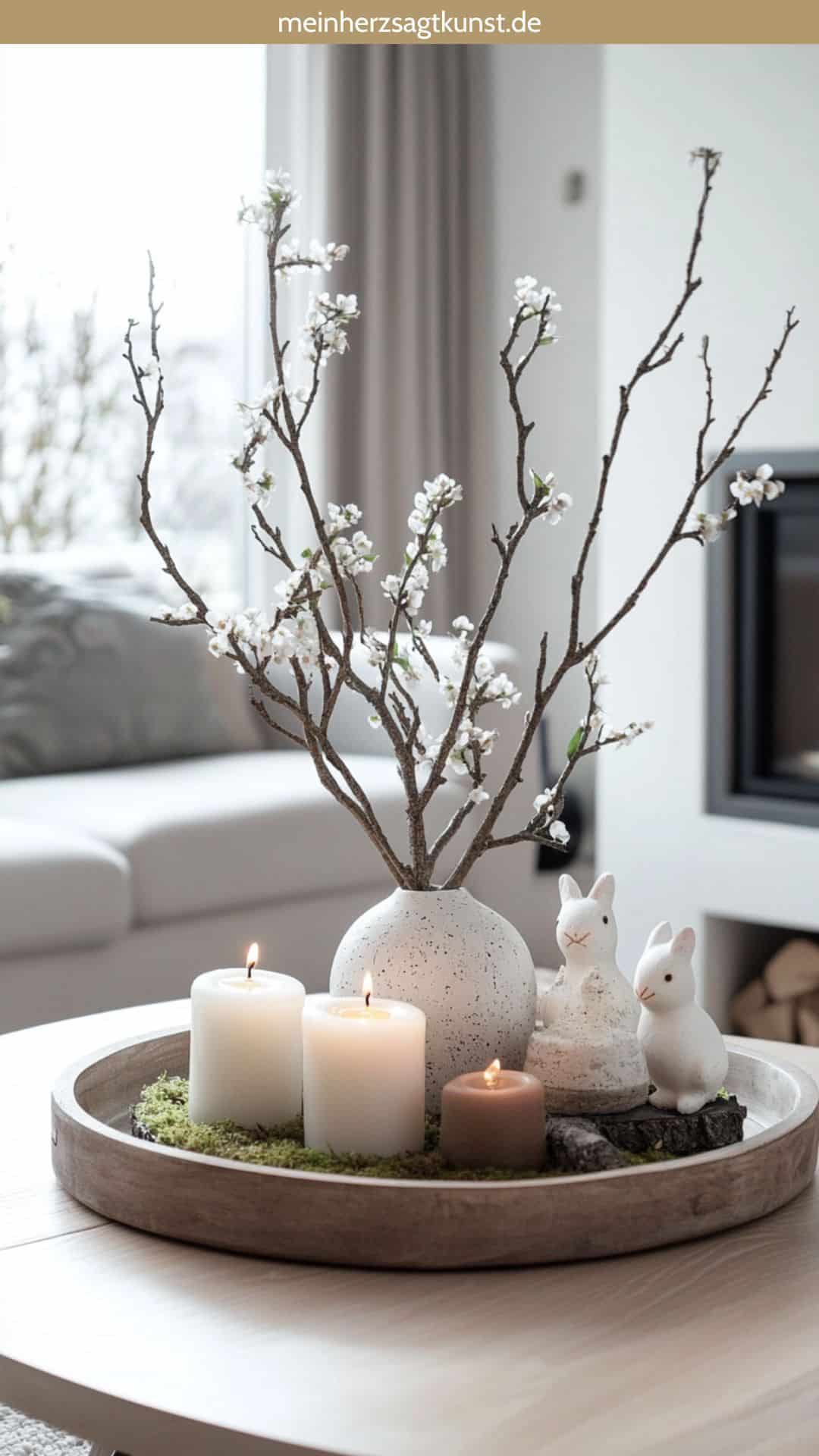 Dekotablett mit Ästen, Blumen und Kerzen als Frühlingsdeko