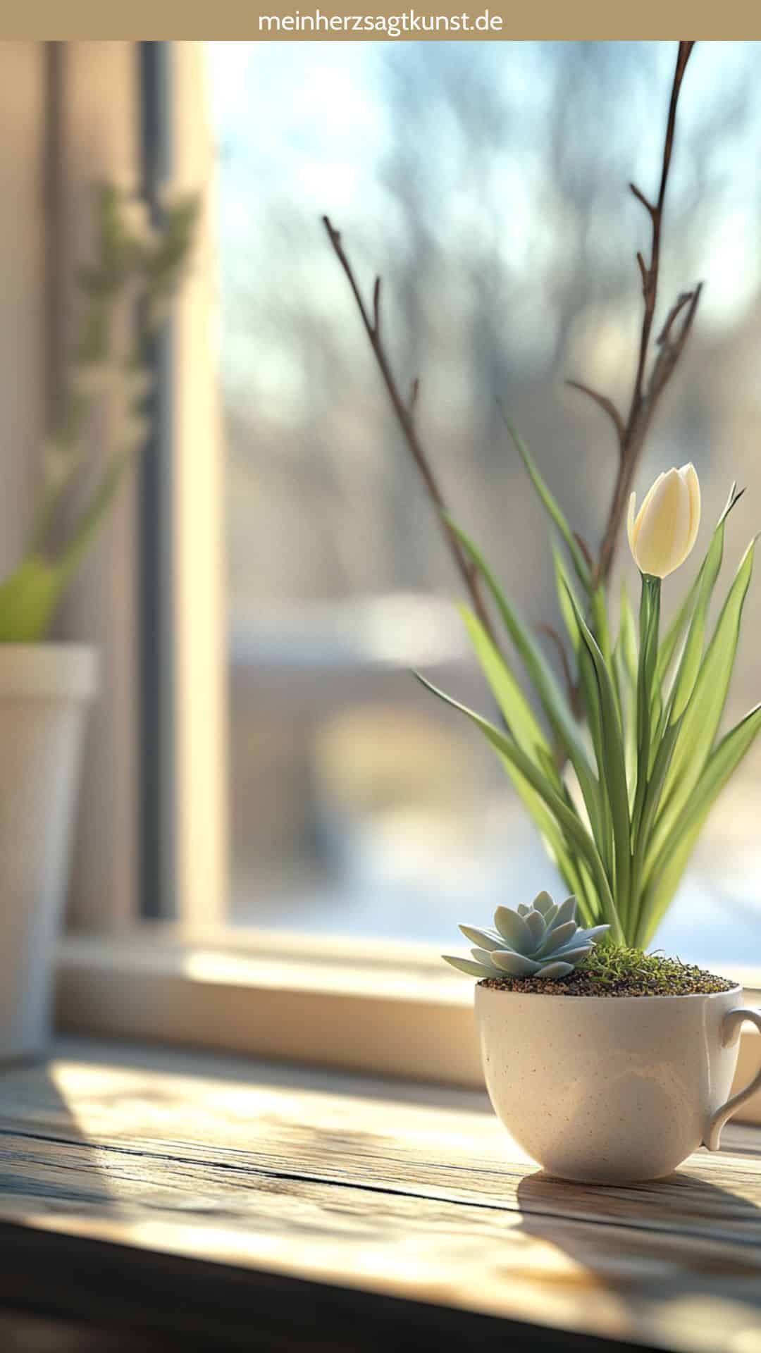 Mini-Garten in einer Teetasse als Frühlingsdeko