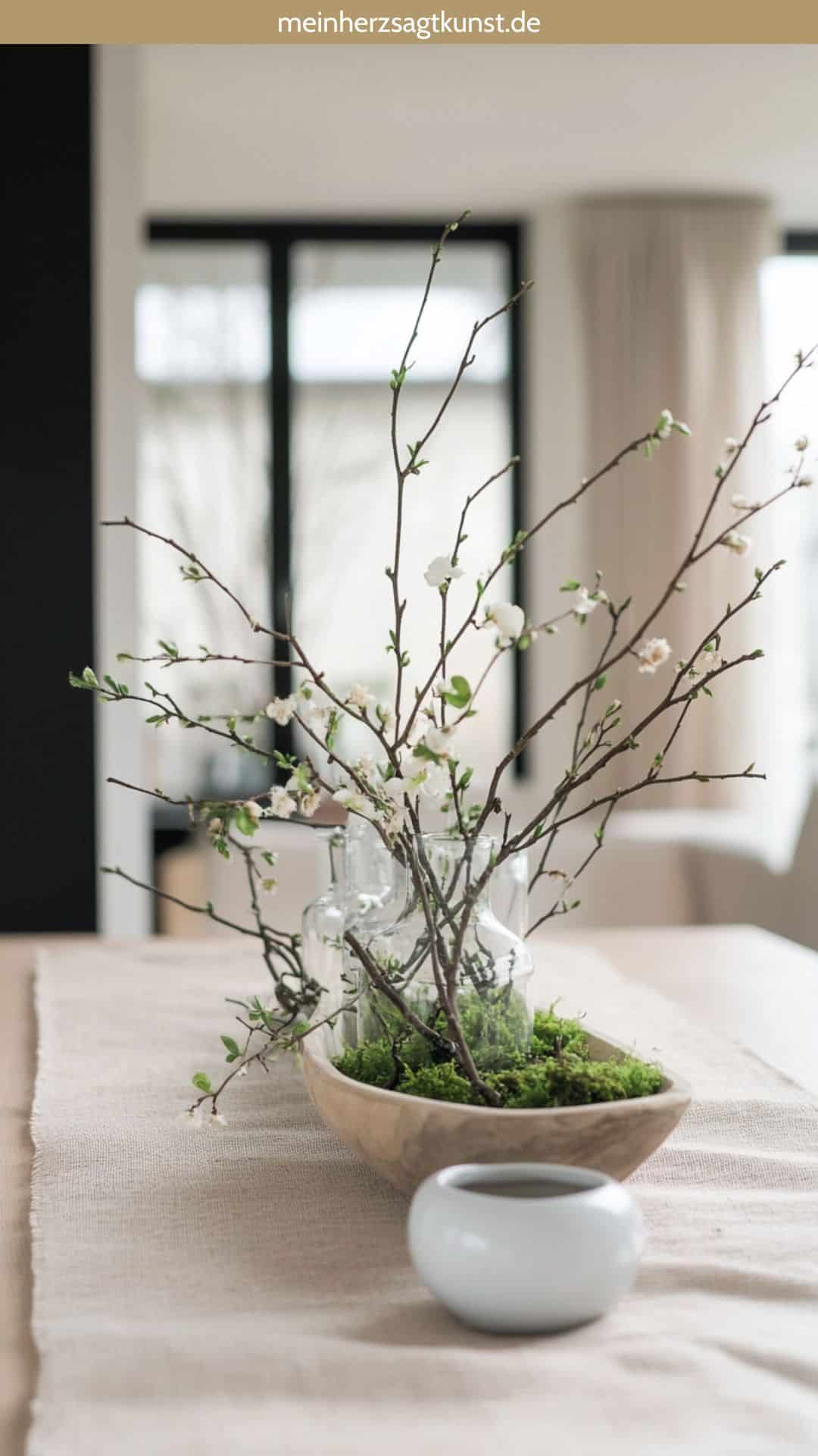 Tischläufer aus dünnen Zweigen mit Frühlingsblüten