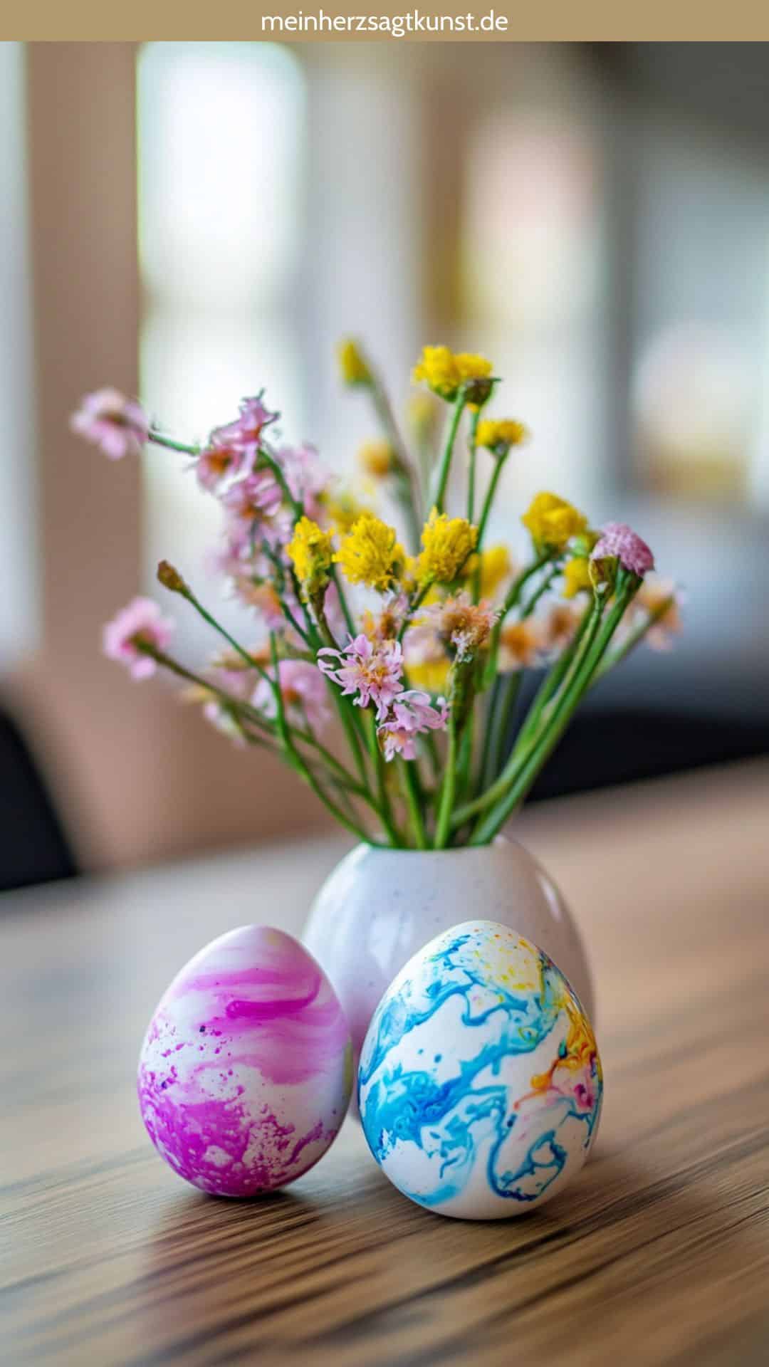 Marmorierte Ostereier in sanften Pastelltönen.