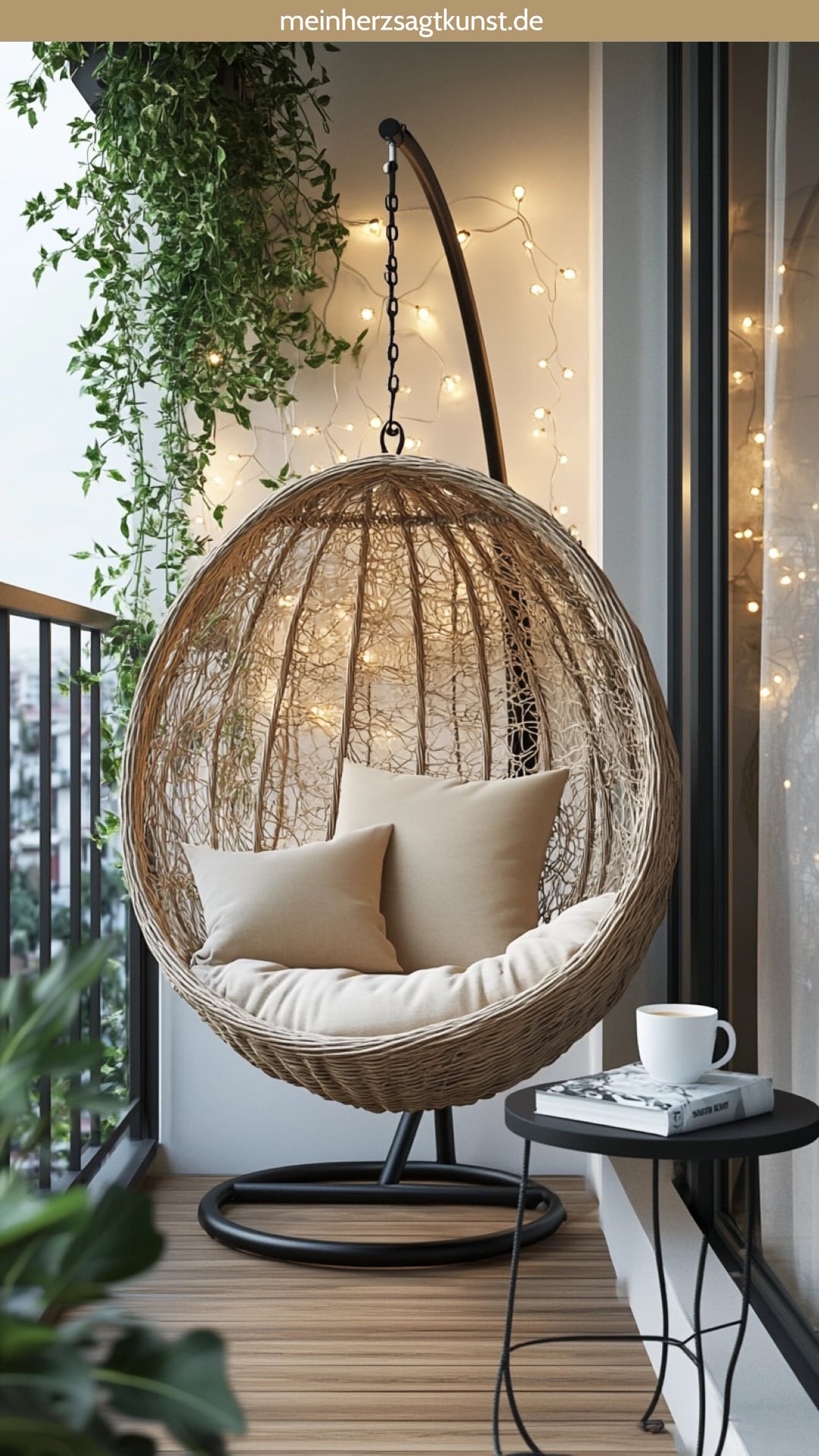 Kleiner Balkon mit gemütlichem Hängesessel und Kissen