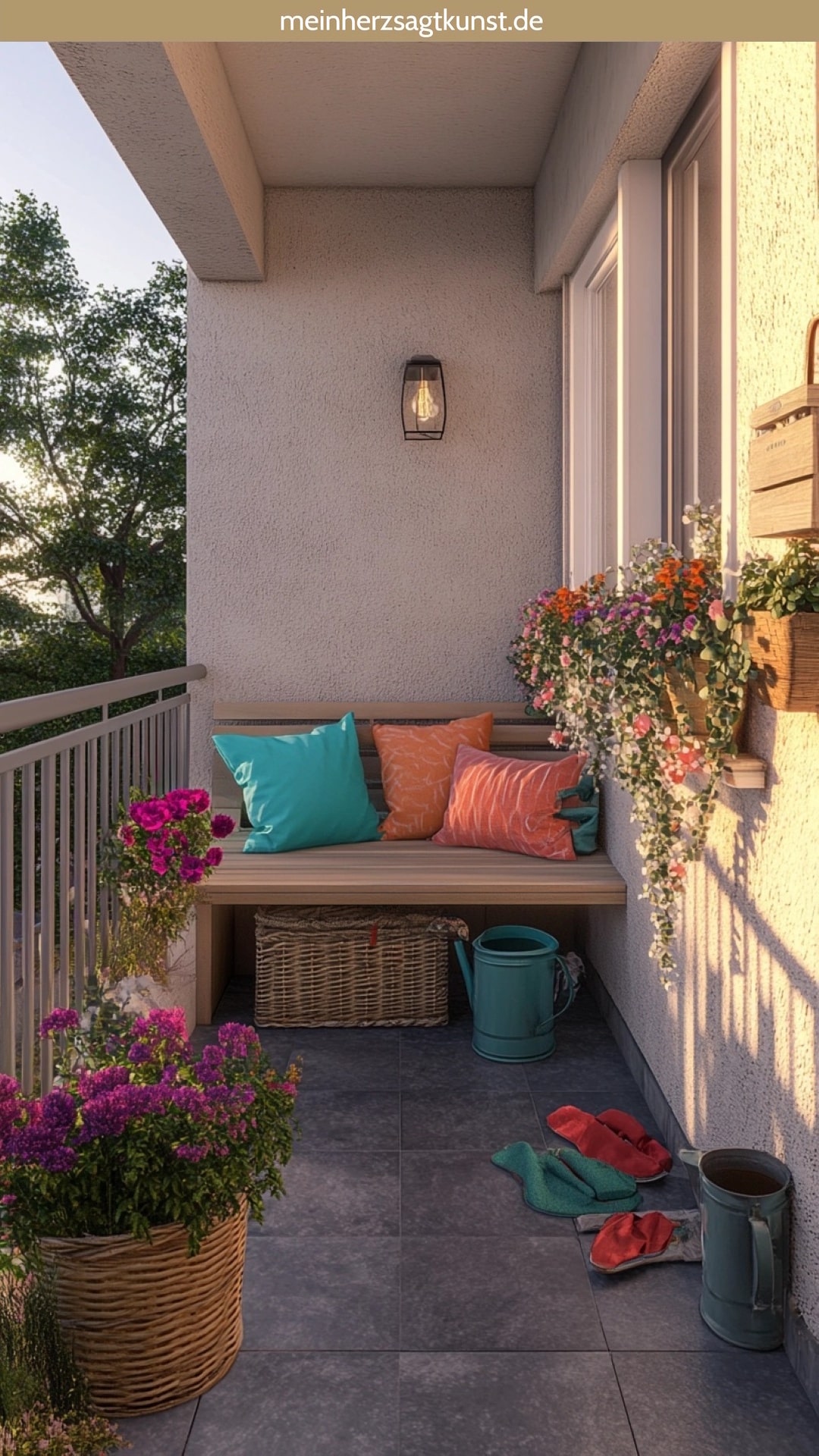 Kleiner Balkon mit Sitzbank und integriertem Stauraum