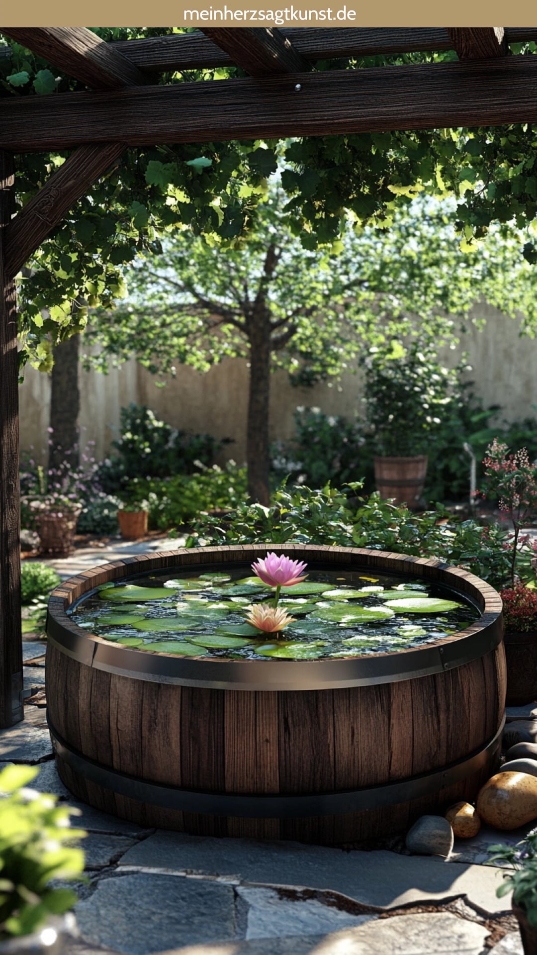 Terrasse Ideen mit Mini-Teich im alten Weinfass