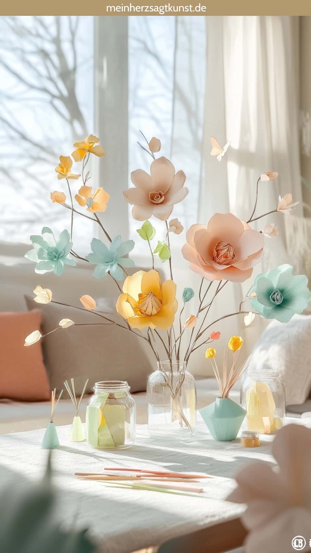Frühlingsdeko Couchtisch mit selbst gebastelten Papierblumen