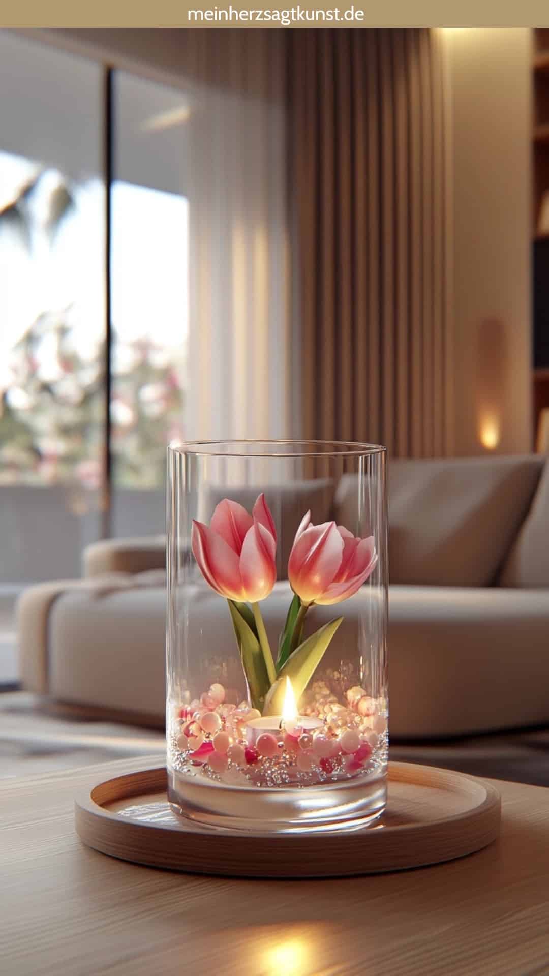Frühlingsdeko im Glas mit Blüten und schwimmendem Teelicht