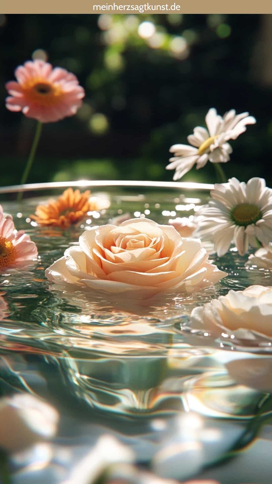 Schwimmende Blüten als Gartentisch dekorieren Idee