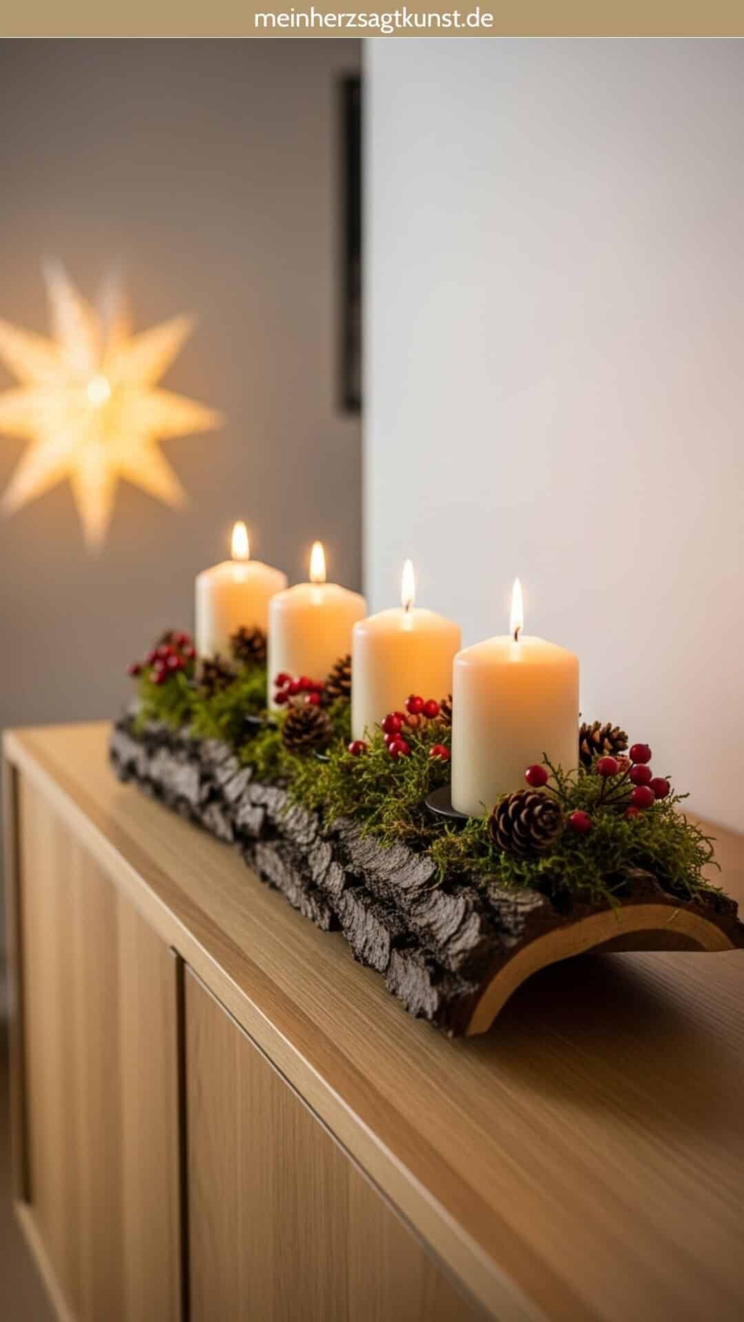 Weihnachtsdeko mit Baumrinde als modernes Adventsgesteck