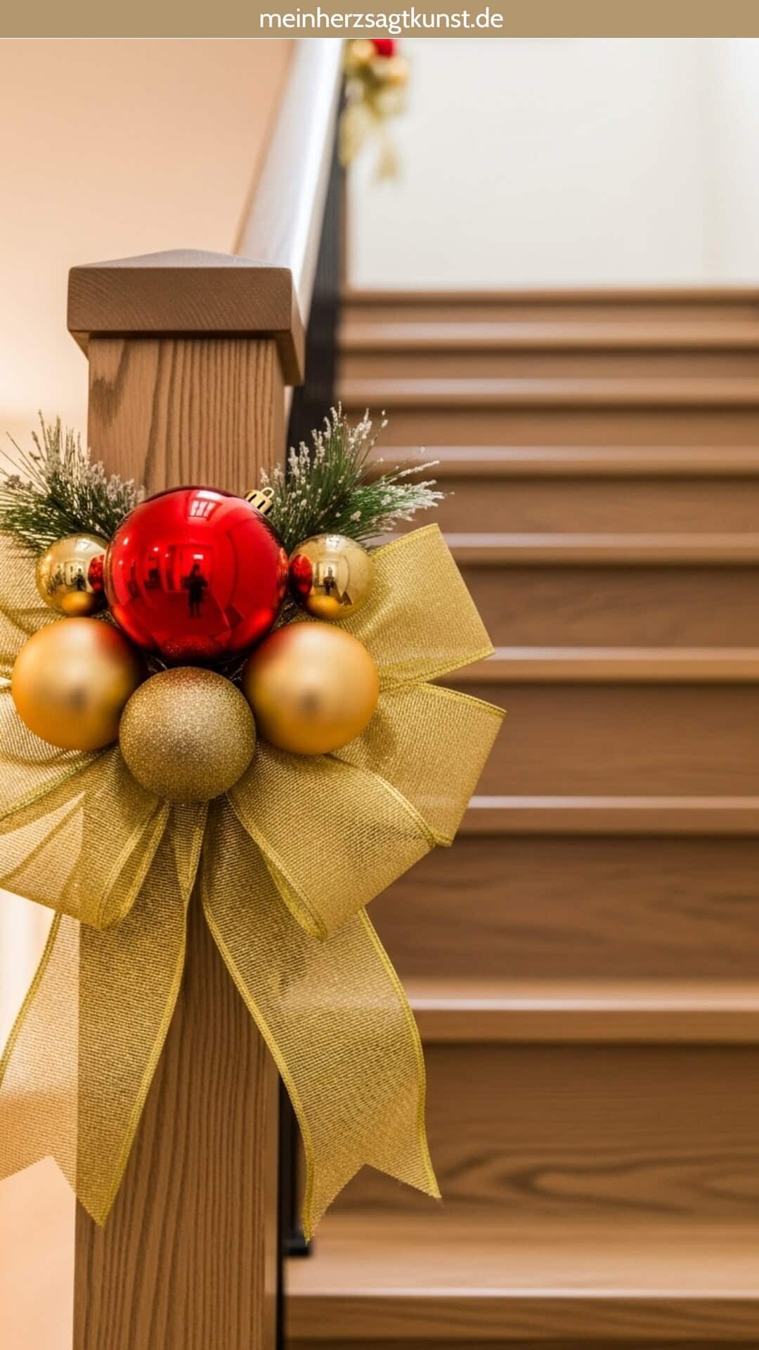 Weihnachtsdeko mit großen Kugeln am Treppengeländer