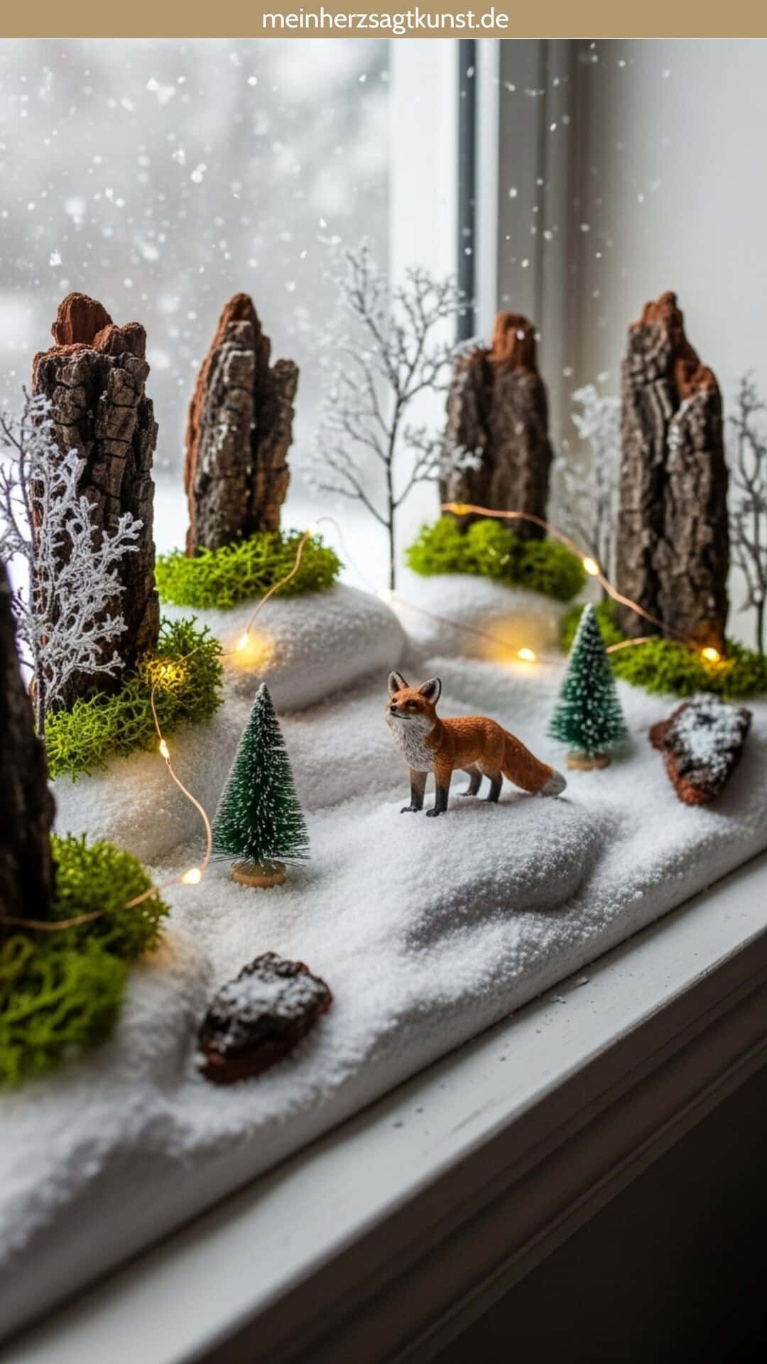 Weihnachtsdeko mit Baumrinde als Miniatur-Winterlandschaft