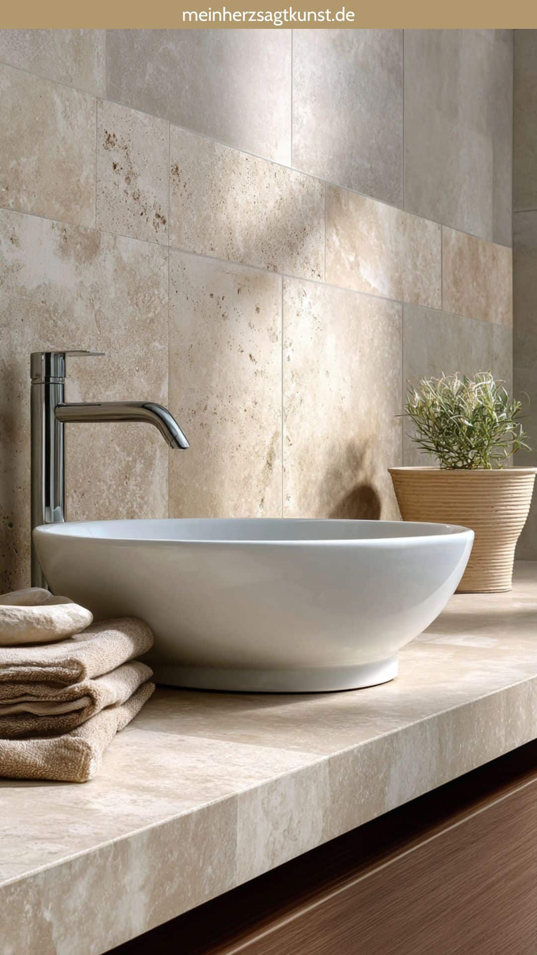 Detailansicht von Badezimmerfliesen in beiger Travertin-Optik mit natürlicher Textur.